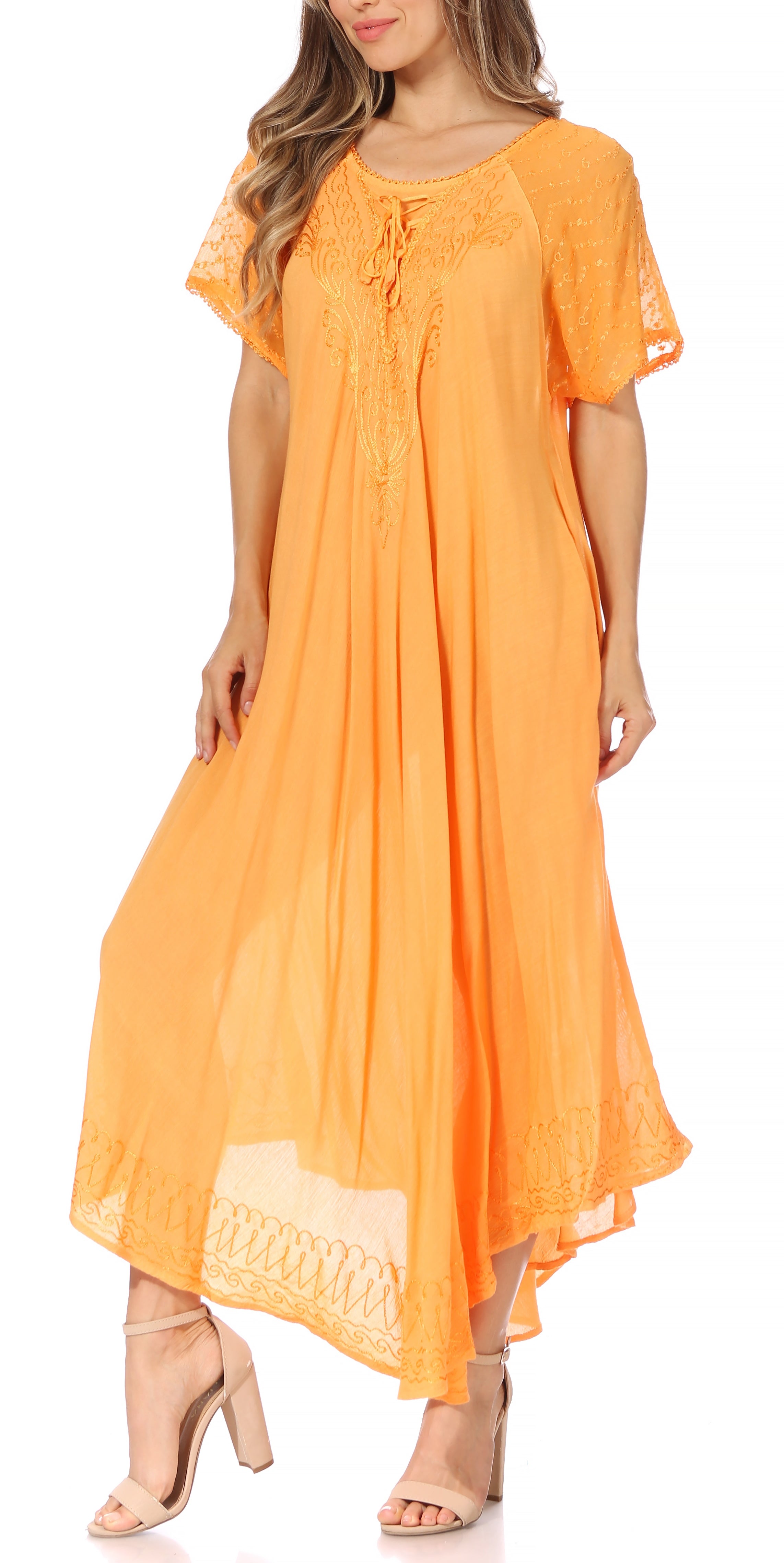 Orange dress with lace details on a white background