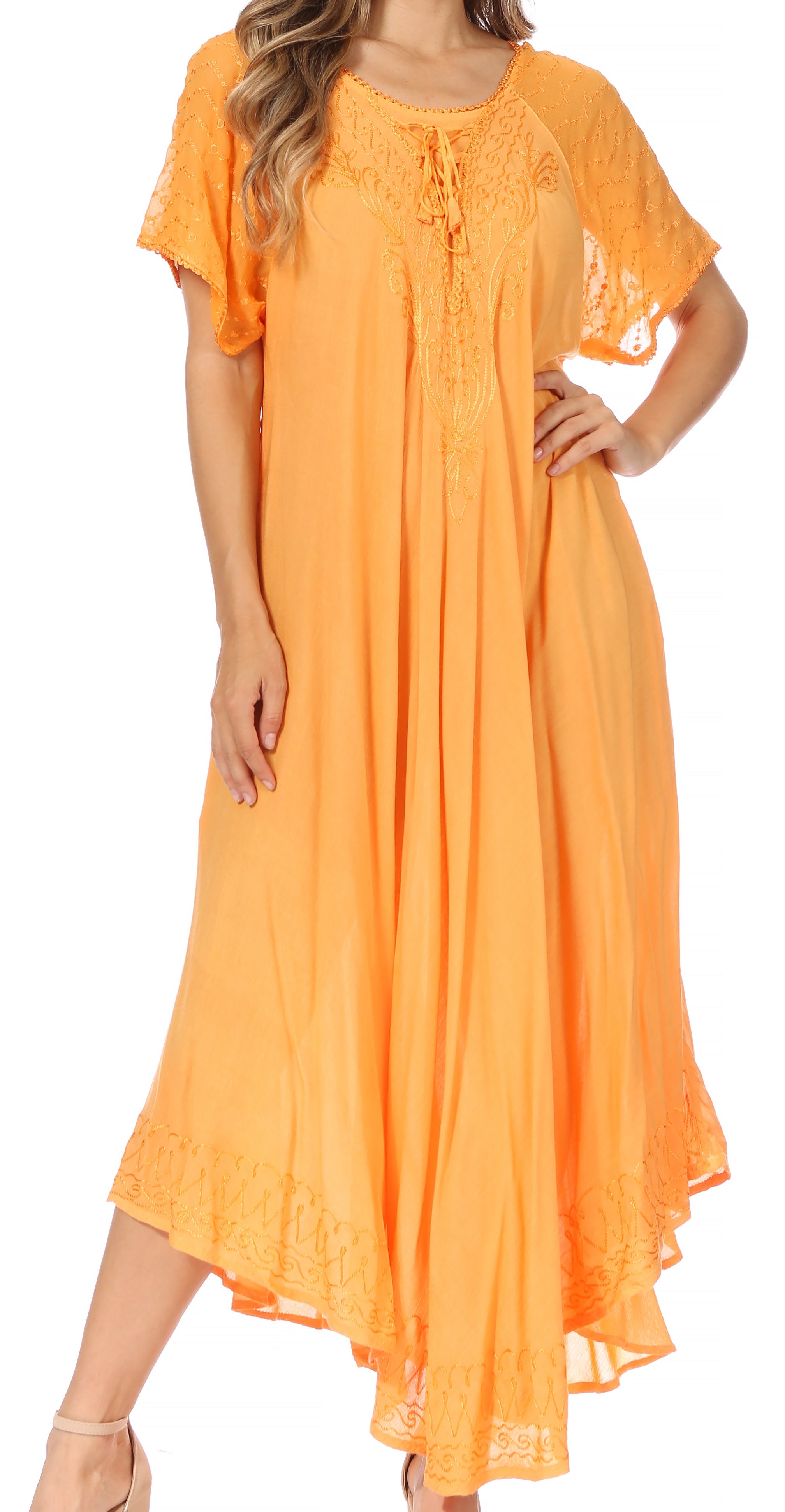 Orange dress with lace details on a white background