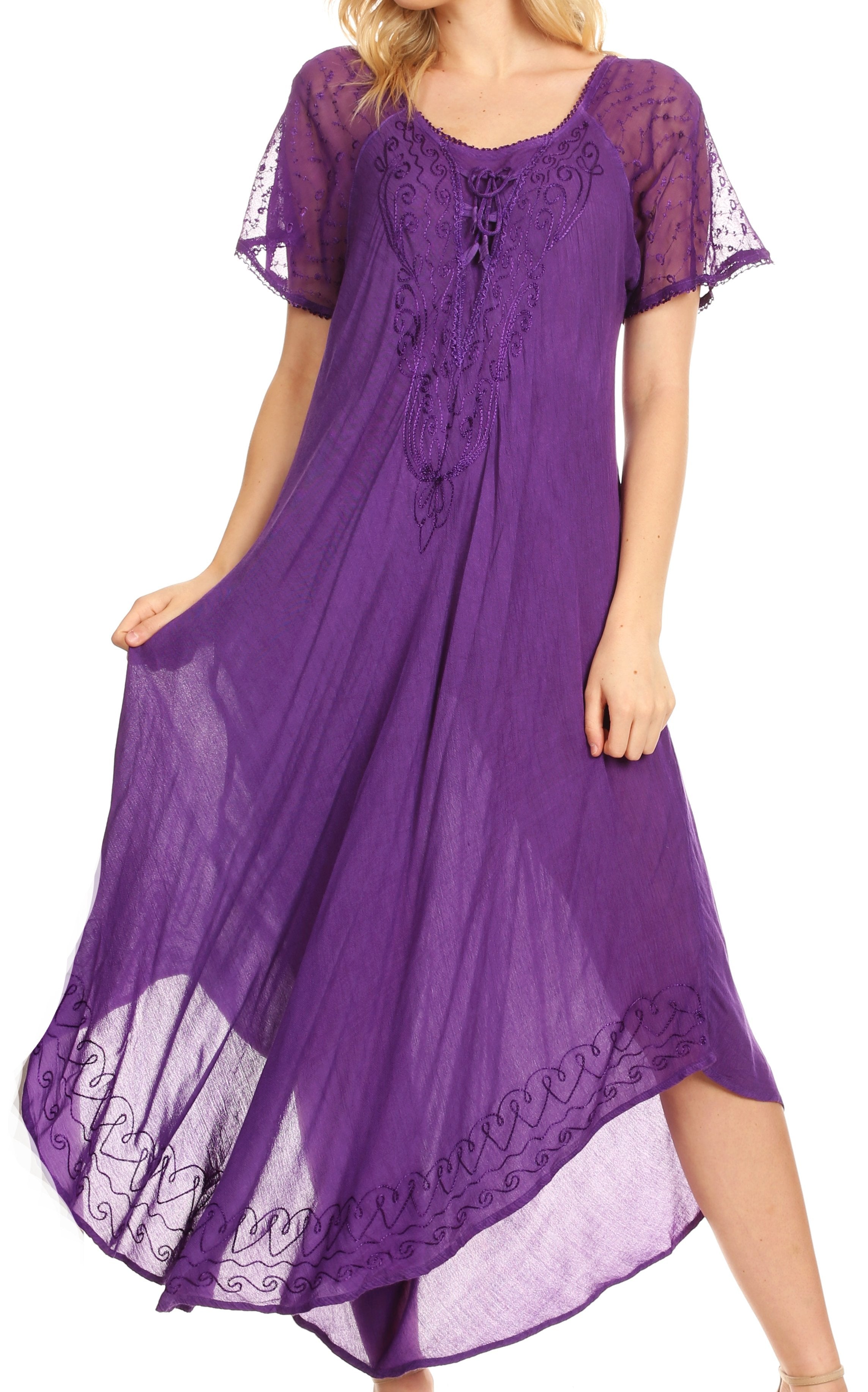 Purple dress with lace details on a white background