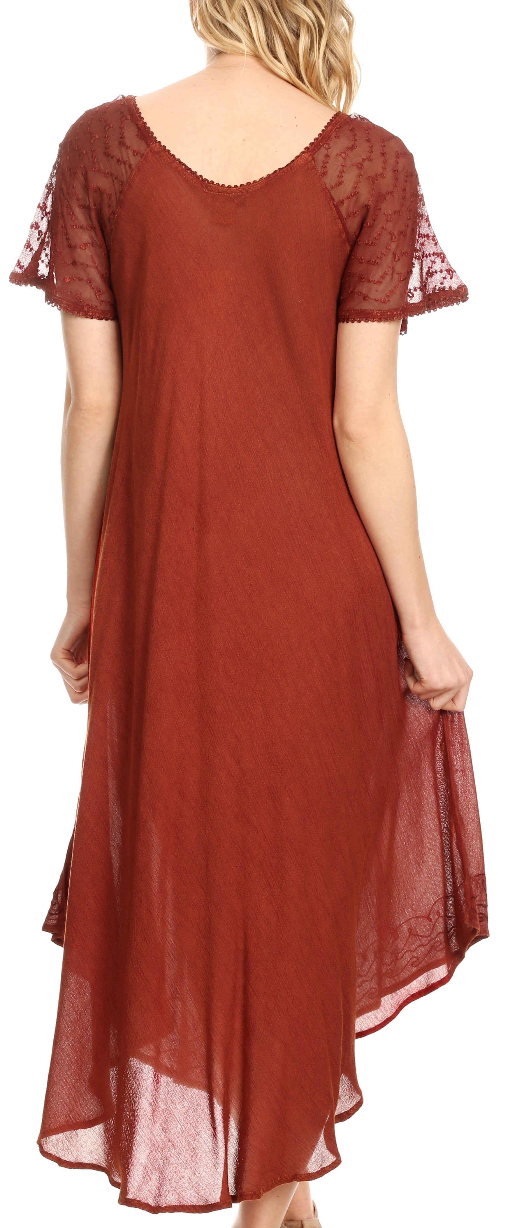 Red dress with sheer sleeves and bottom half on a white background