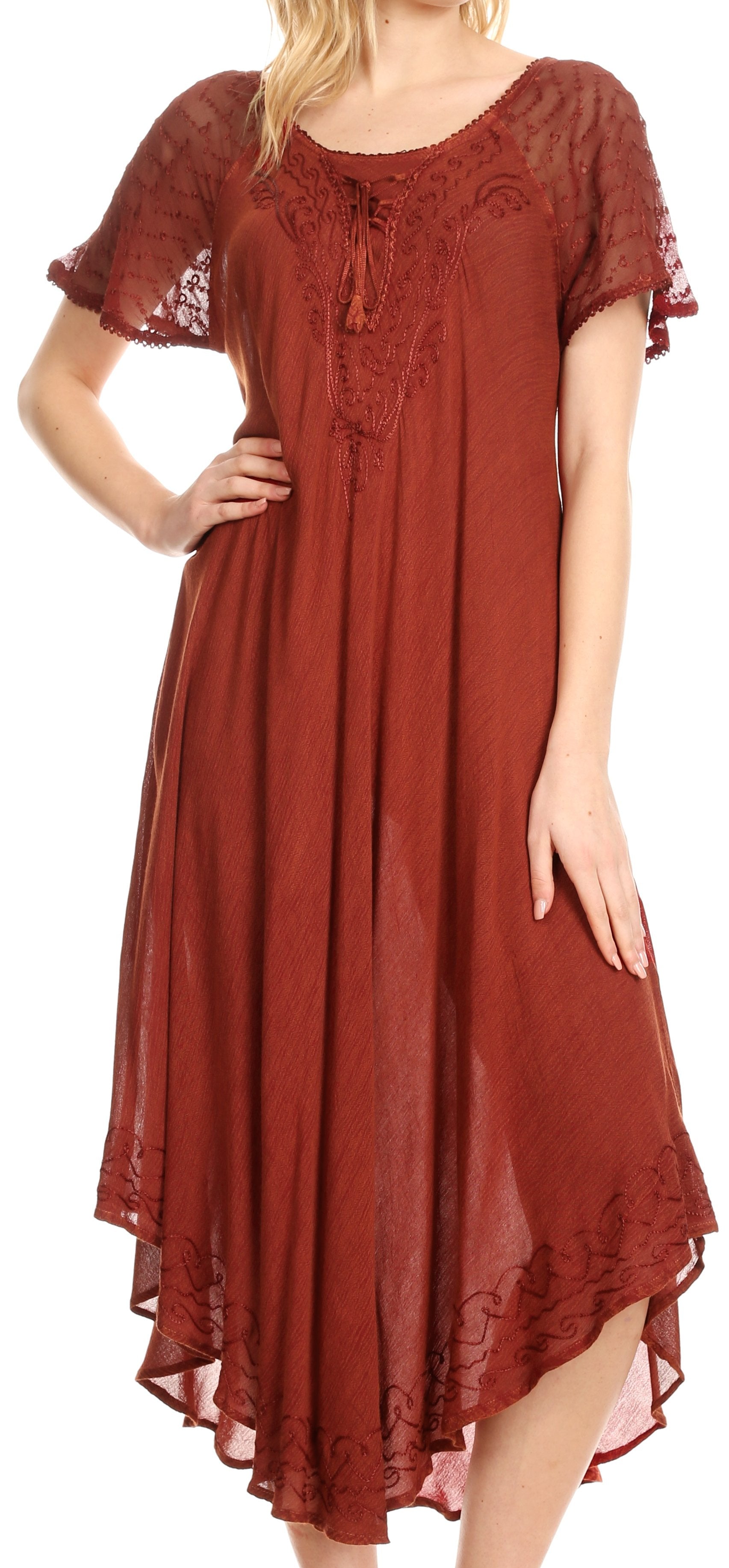 Red lace dress worn by a model on a white background