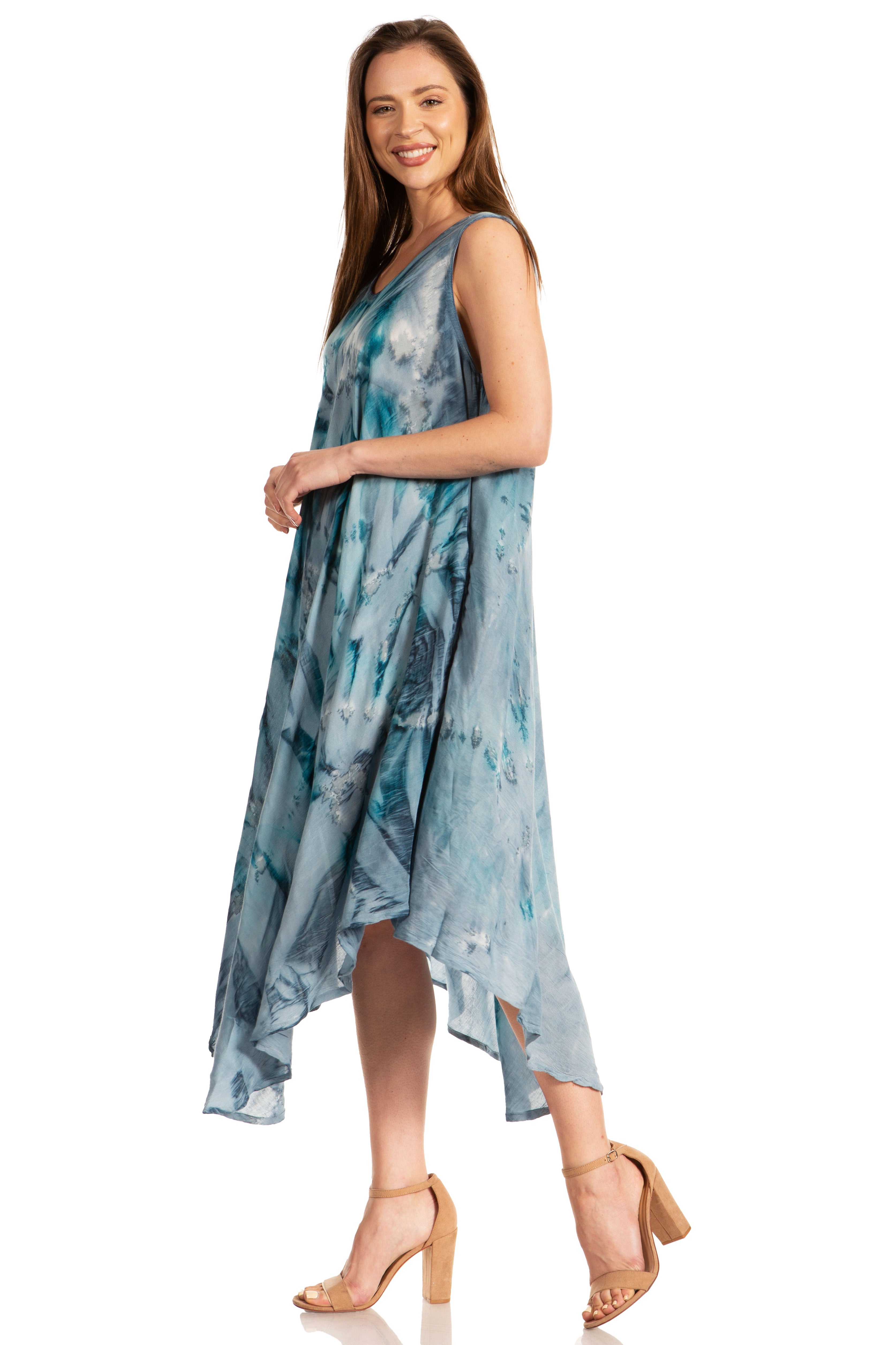 Sakkas - Laeila Tie Dye Washed Long Sleeveless Tank Top Caftan Dress / Cover Up