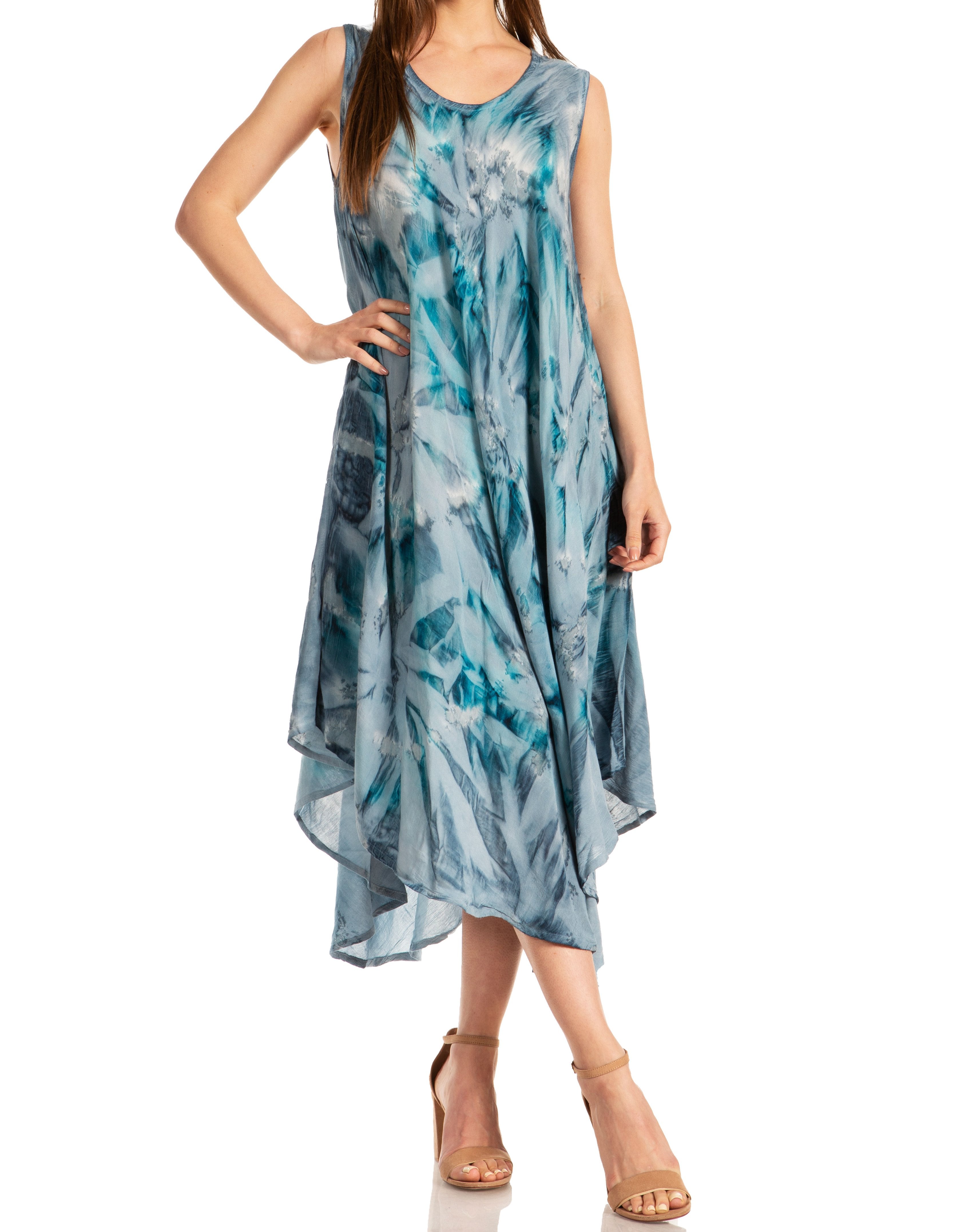 Sakkas - Laeila Tie Dye Washed Long Sleeveless Tank Top Caftan Dress / Cover Up