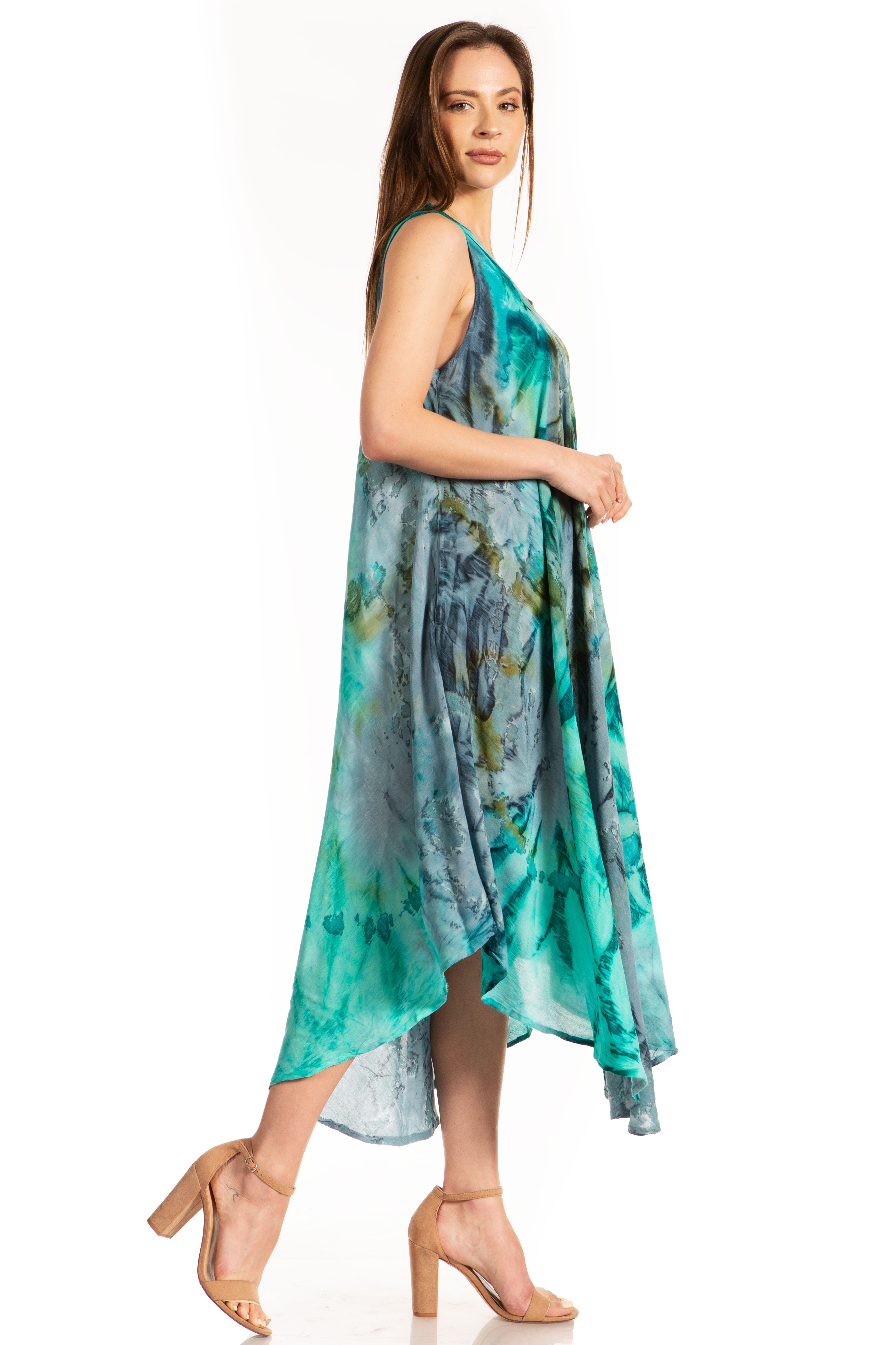 Sakkas - Laeila Tie Dye Washed Long Sleeveless Tank Top Caftan Dress / Cover Up