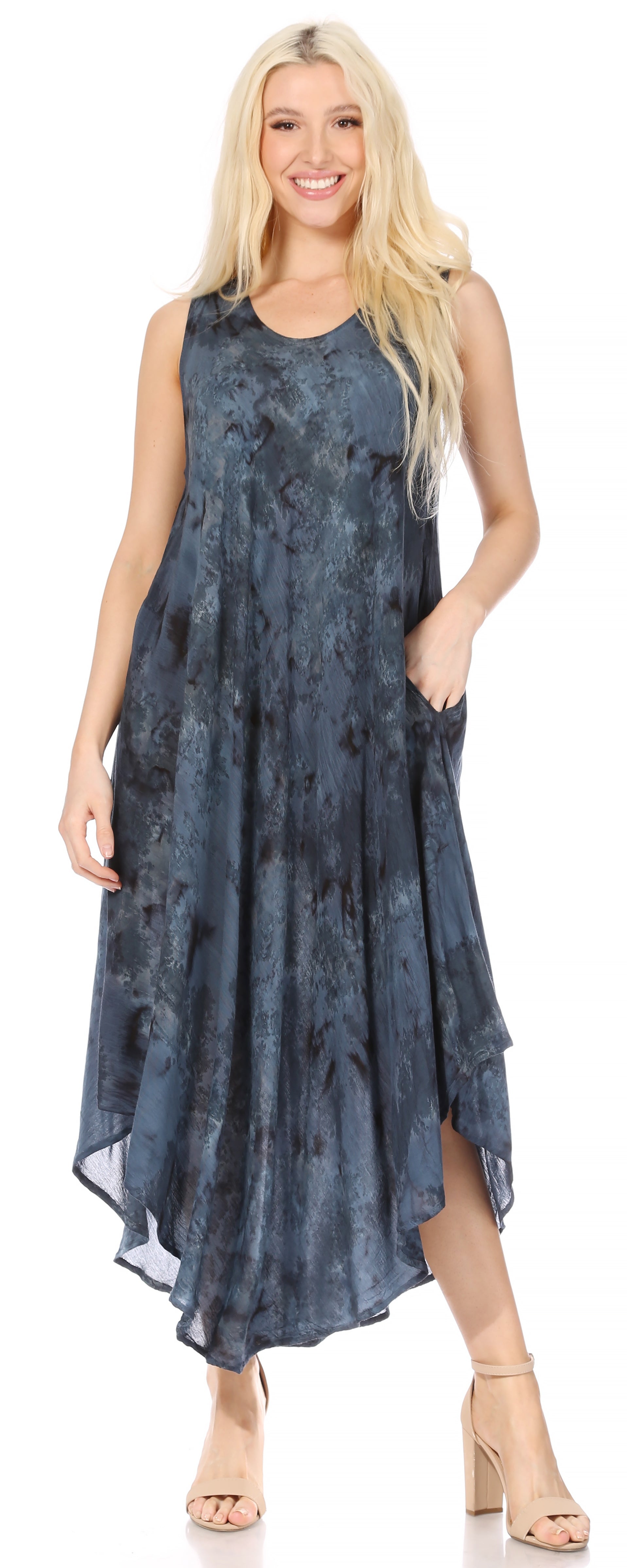 Sakkas - Laeila Tie Dye Washed Long Sleeveless Tank Top Caftan Dress / Cover Up