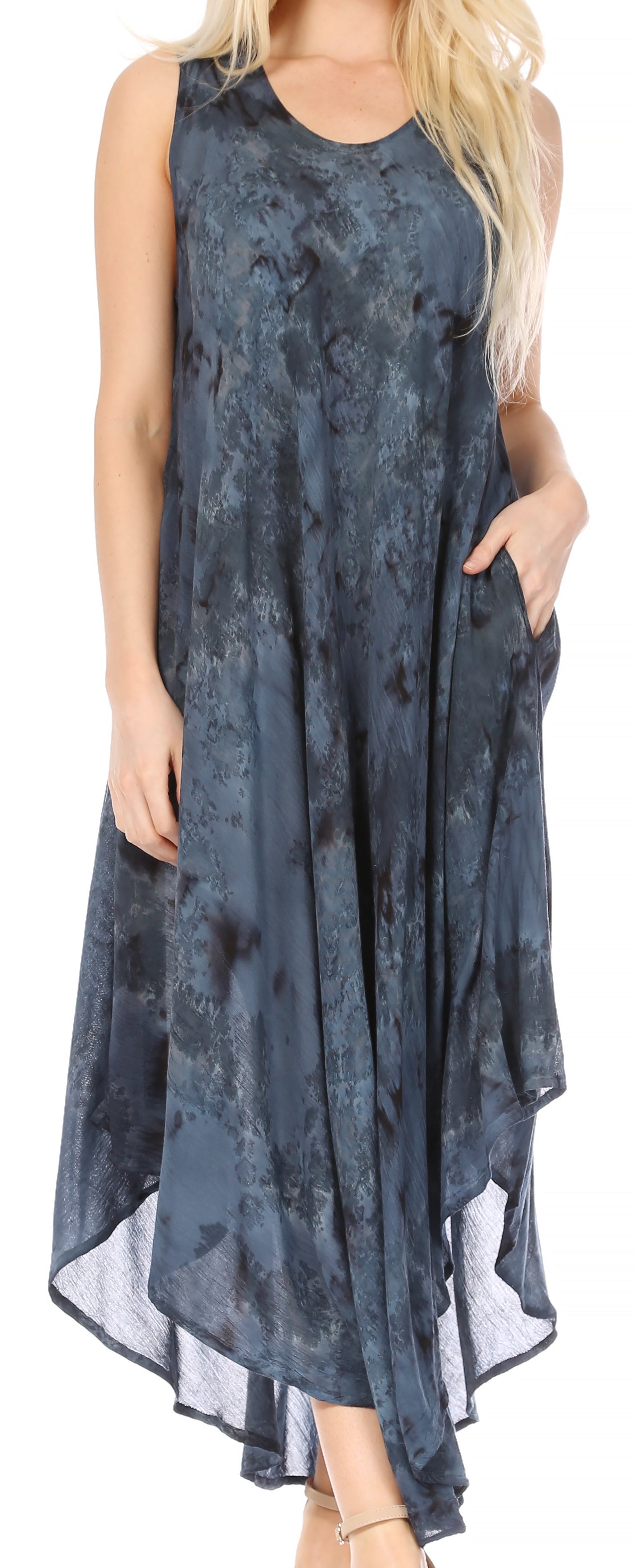 Sakkas - Laeila Tie Dye Washed Long Sleeveless Tank Top Caftan Dress / Cover Up