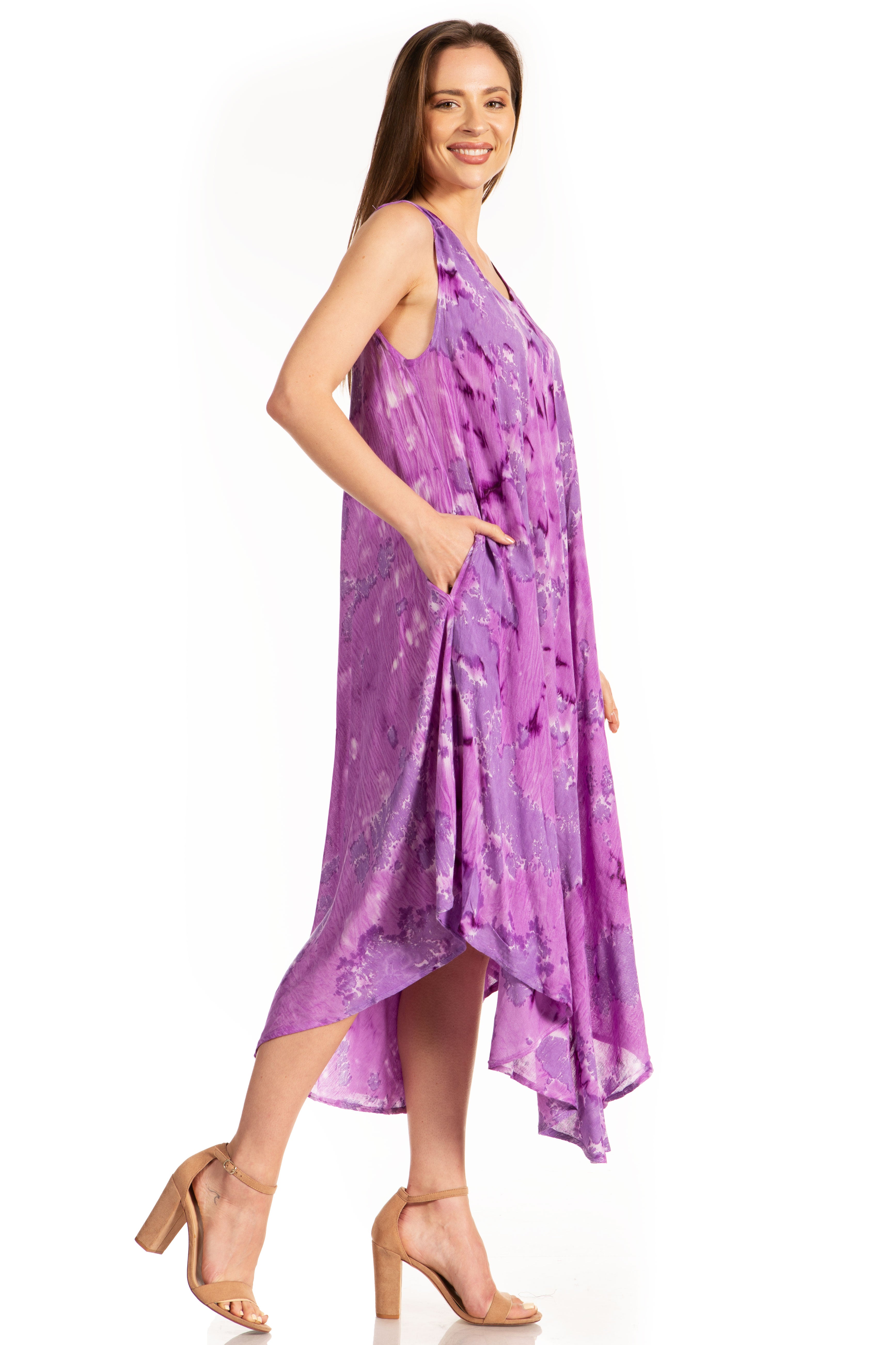 Sakkas - Laeila Tie Dye Washed Long Sleeveless Tank Top Caftan Dress / Cover Up