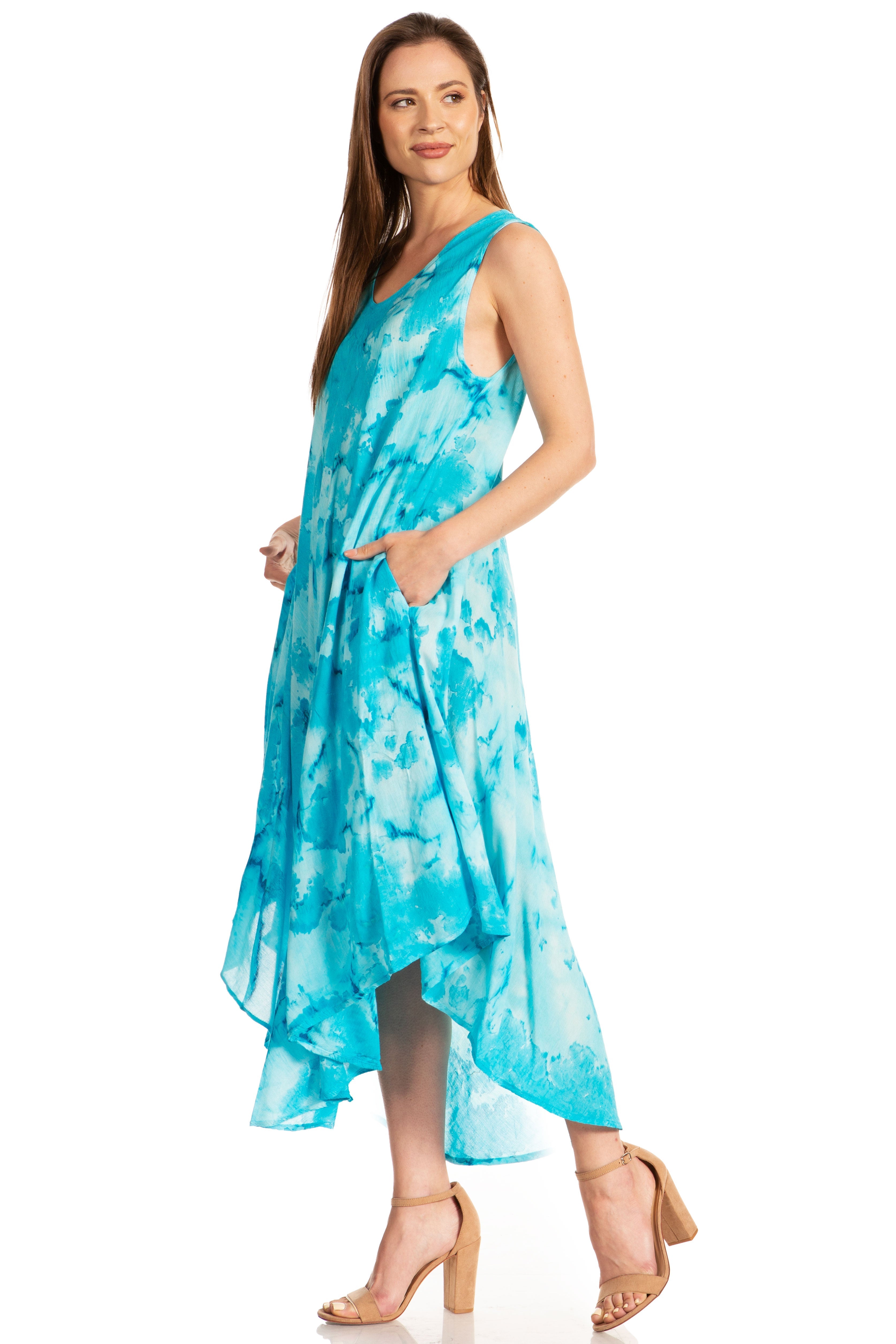 Sakkas - Laeila Tie Dye Washed Long Sleeveless Tank Top Caftan Dress / Cover Up