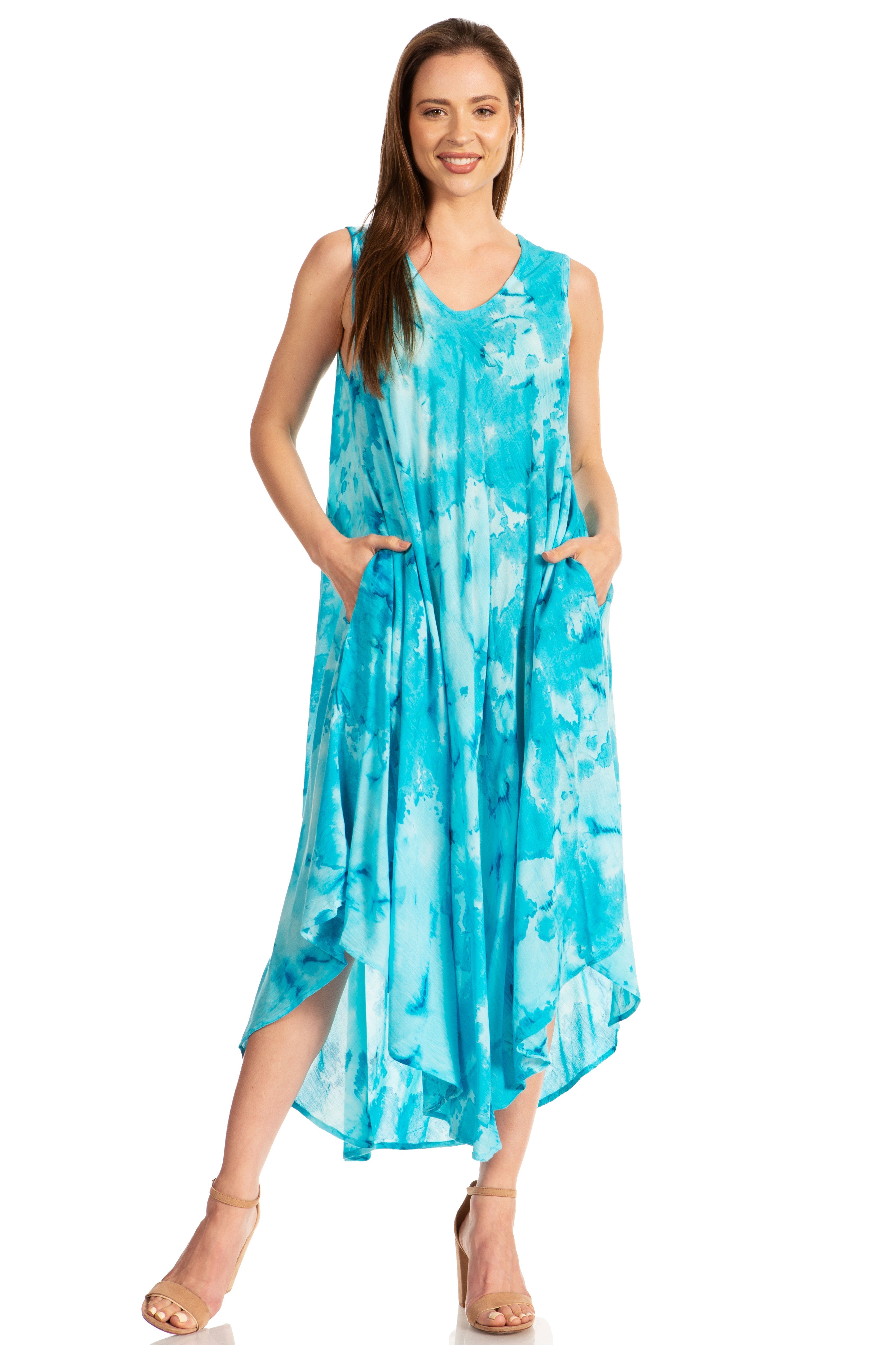 Sakkas - Laeila Tie Dye Washed Long Sleeveless Tank Top Caftan Dress / Cover Up