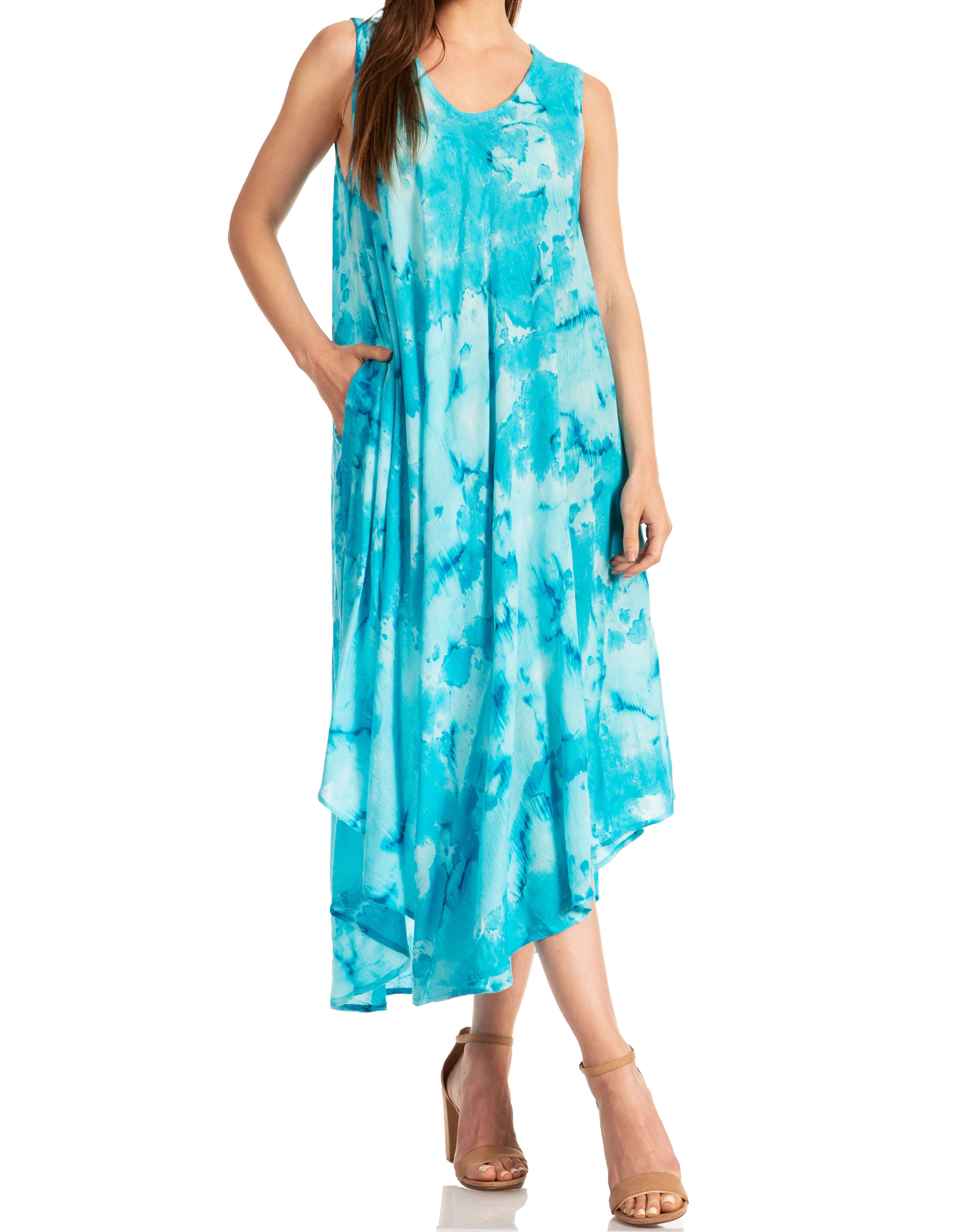 Sakkas - Laeila Tie Dye Washed Long Sleeveless Tank Top Caftan Dress / Cover Up