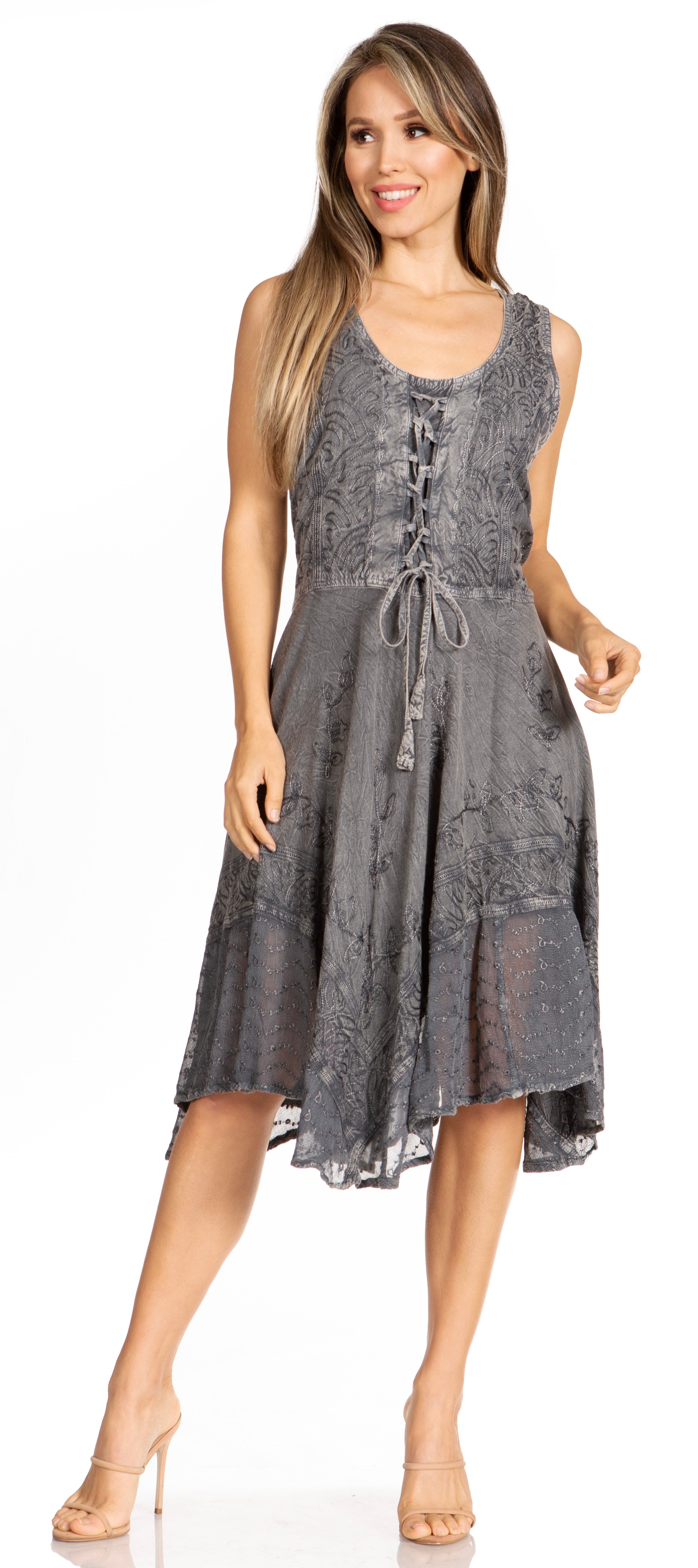 Sakkas - Magdilena Stonewashed Corset Front Embroidered Dress