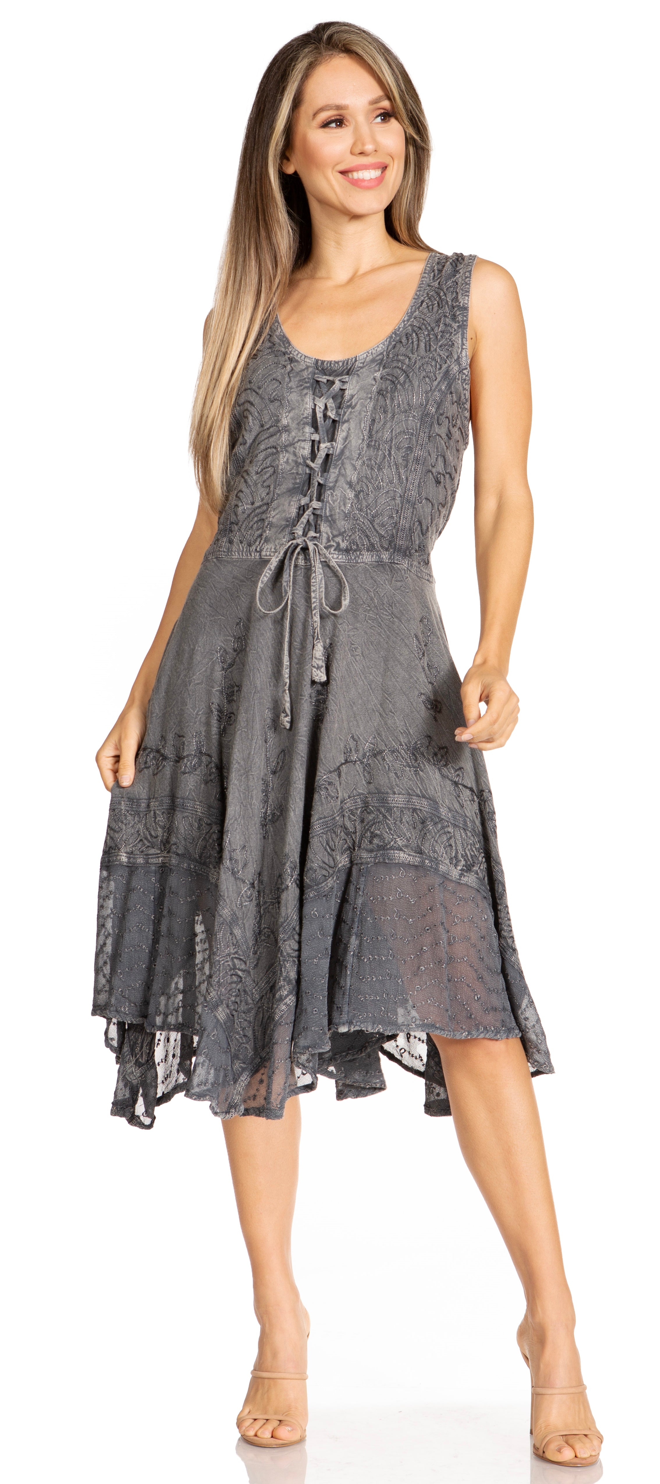 Sakkas - Magdilena Stonewashed Corset Front Embroidered Dress