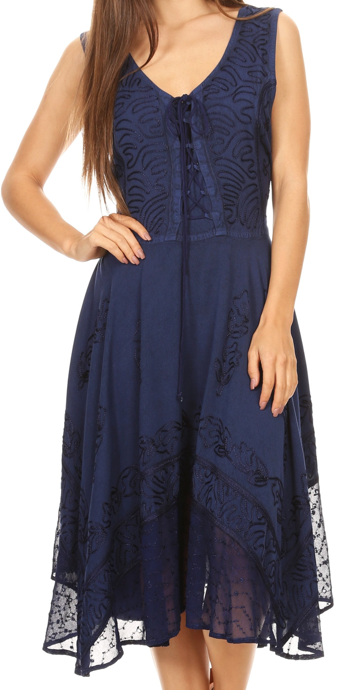 Sakkas - Magdilena Stonewashed Corset Front Embroidered Dress