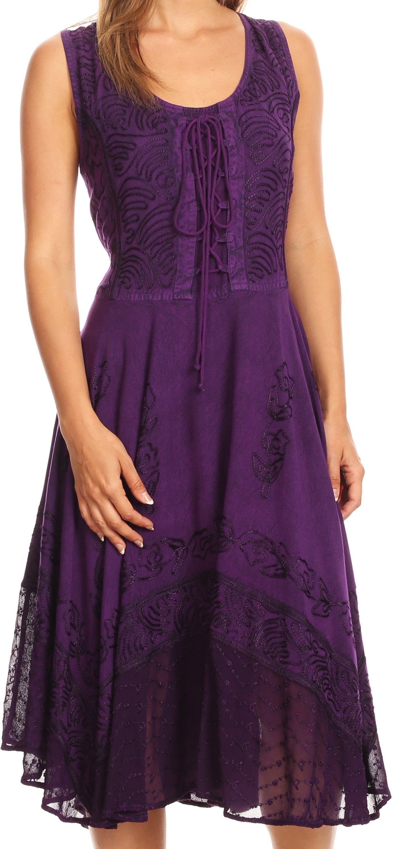 Sakkas - Magdilena Stonewashed Corset Front Embroidered Dress