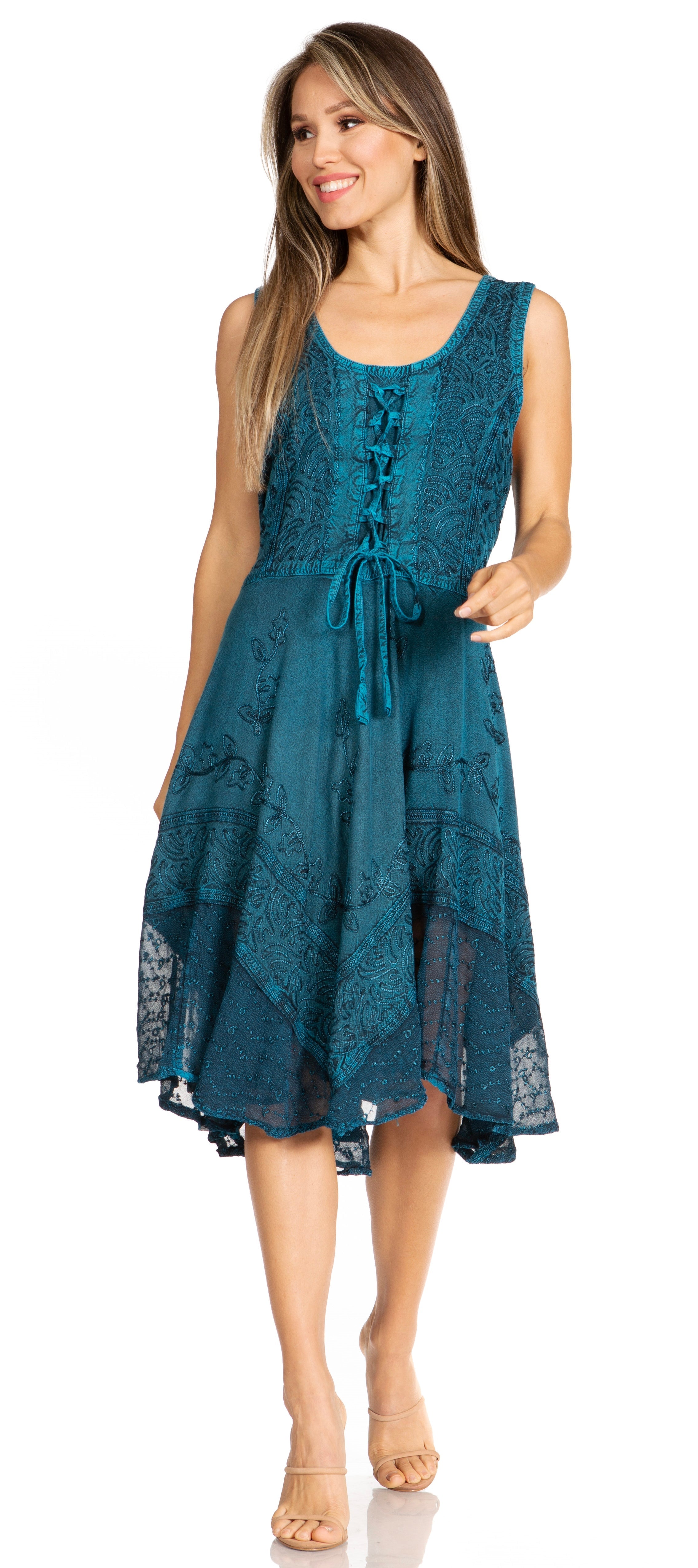 Sakkas - Magdilena Stonewashed Corset Front Embroidered Dress