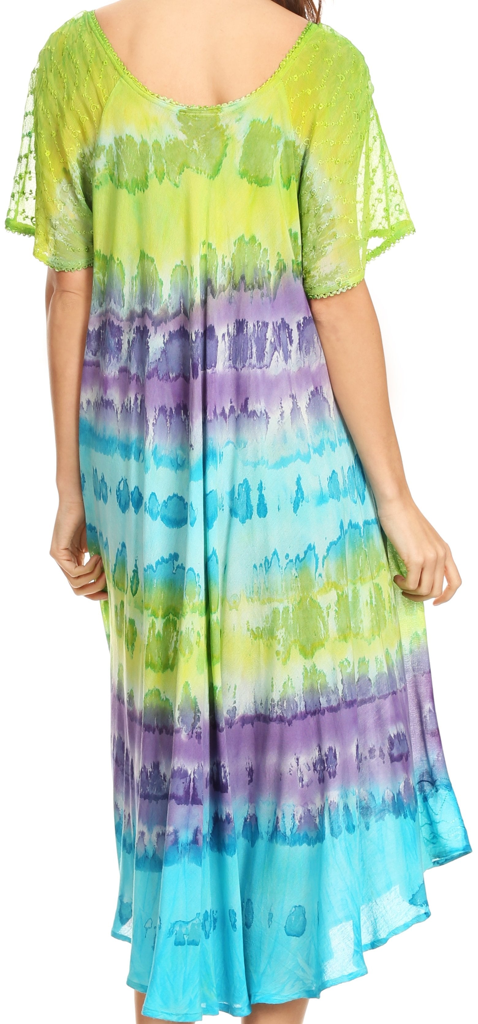 Sakkas - Sula Long Laced Tie-Dye Wide Neck Embroidered Boho Sundress Cover Up