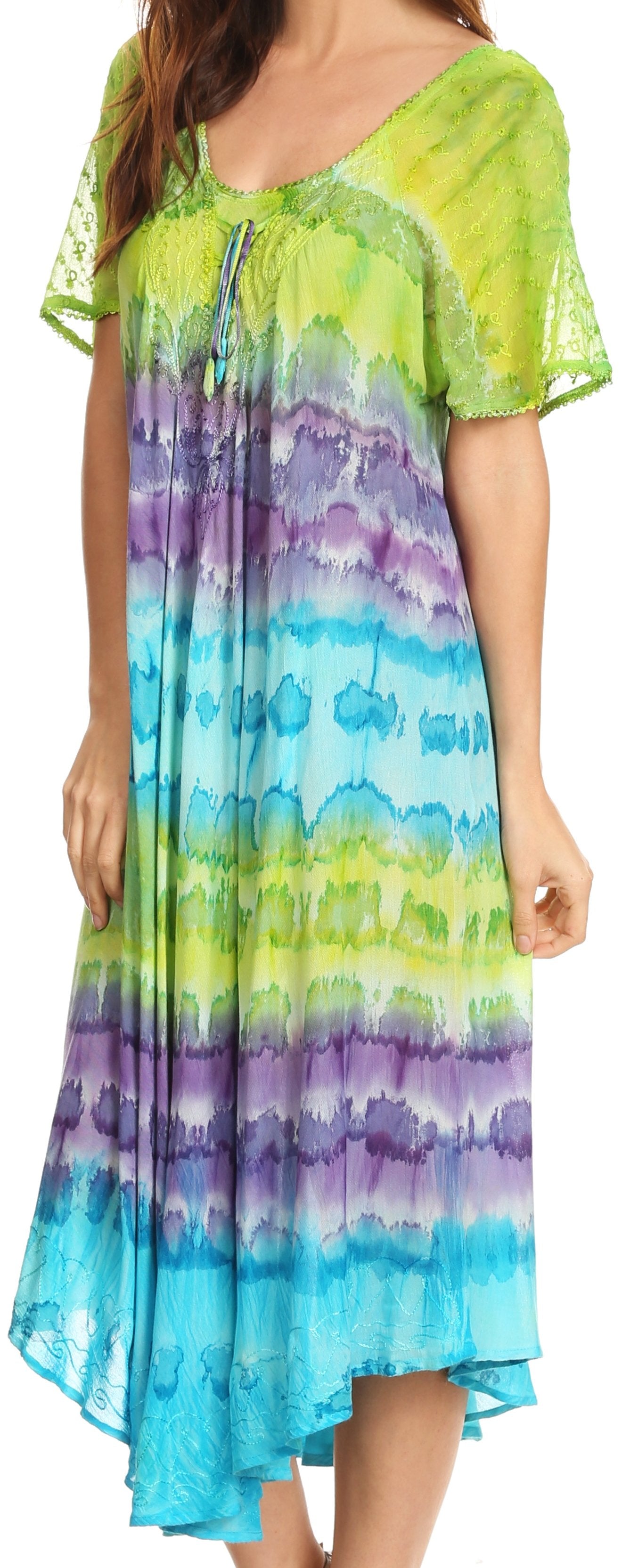 Sakkas - Sula Long Laced Tie-Dye Wide Neck Embroidered Boho Sundress Cover Up