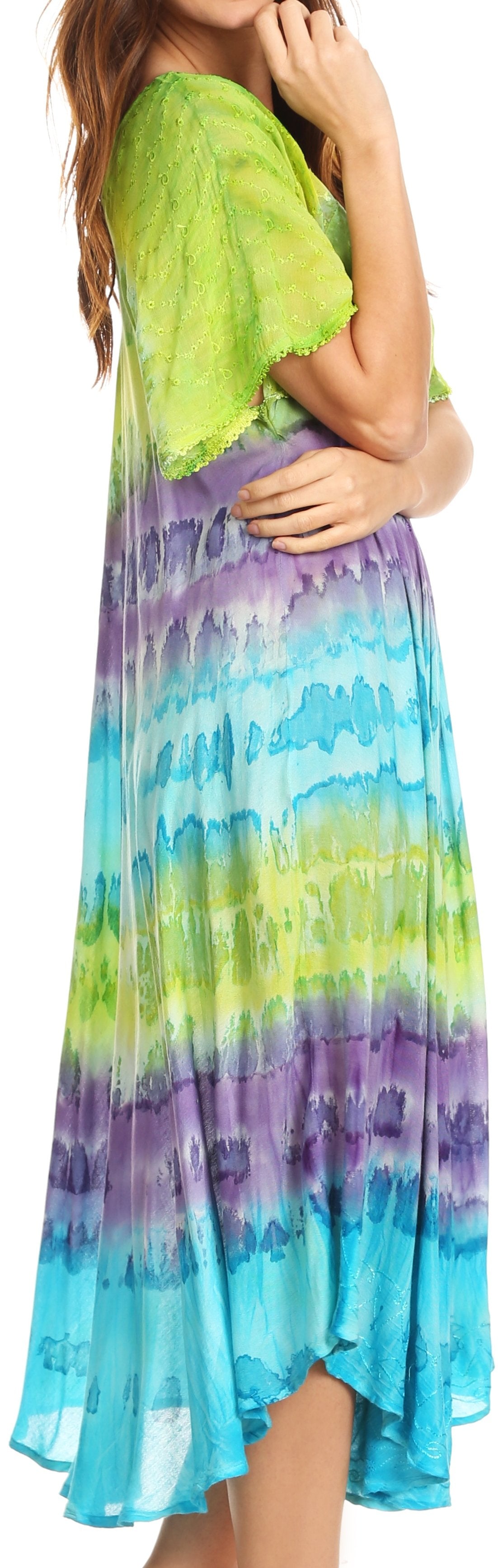 Sakkas - Sula Long Laced Tie-Dye Wide Neck Embroidered Boho Sundress Cover Up