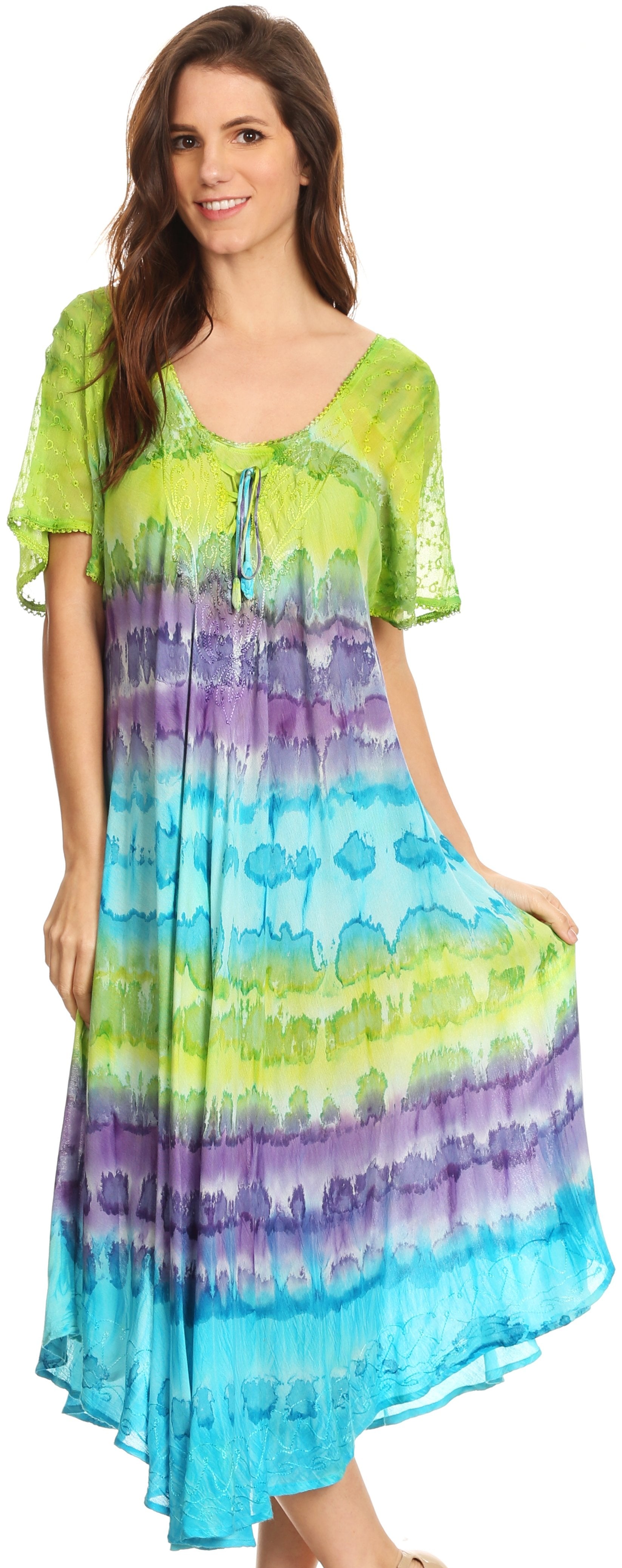 Sakkas - Sula Long Laced Tie-Dye Wide Neck Embroidered Boho Sundress Cover Up