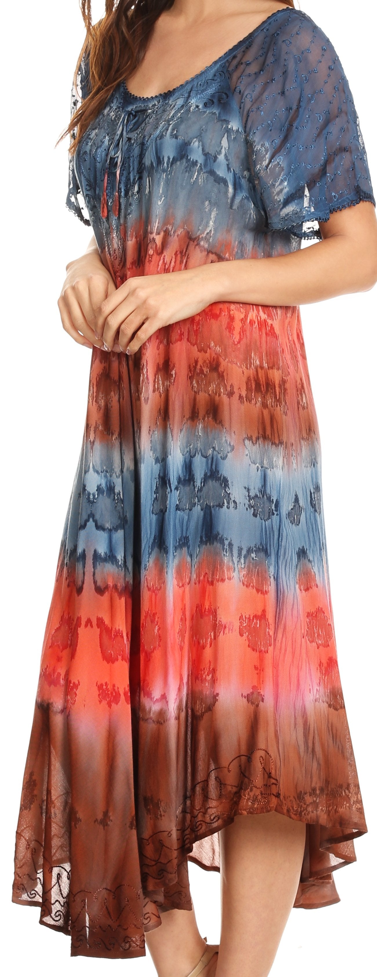 Sakkas - Sula Long Laced Tie-Dye Wide Neck Embroidered Boho Sundress Cover Up