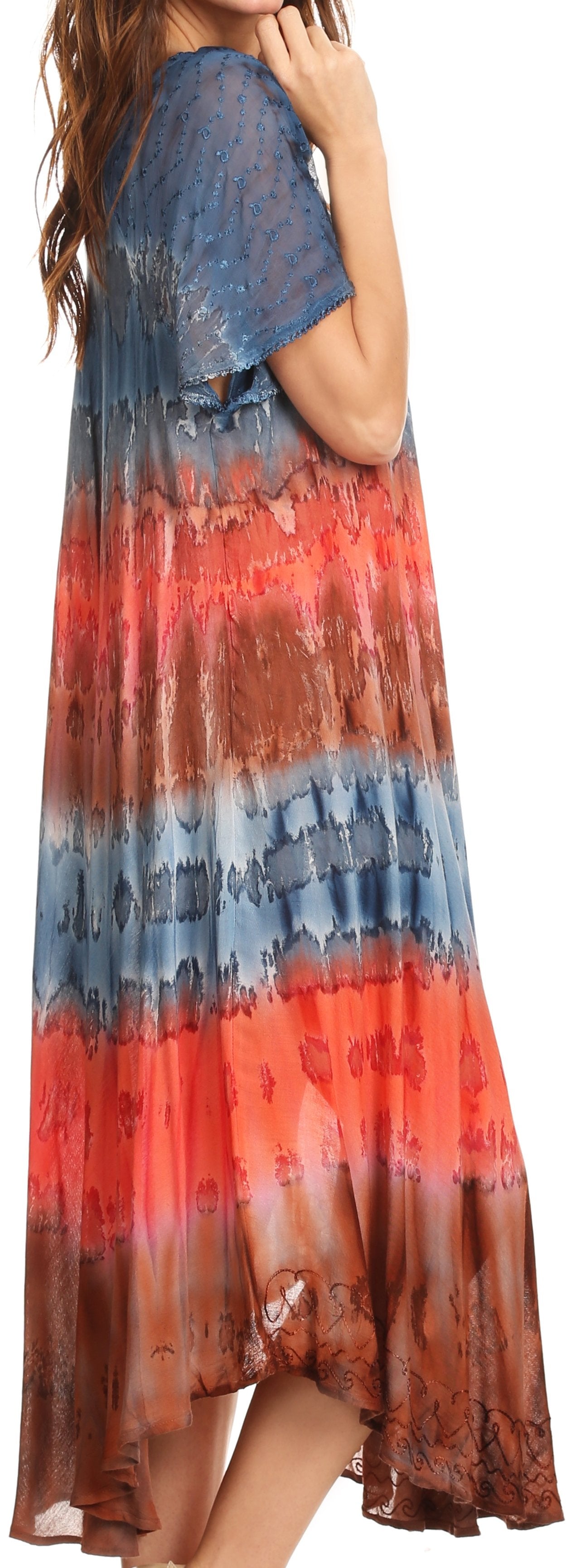 Sakkas - Sula Long Laced Tie-Dye Wide Neck Embroidered Boho Sundress Cover Up