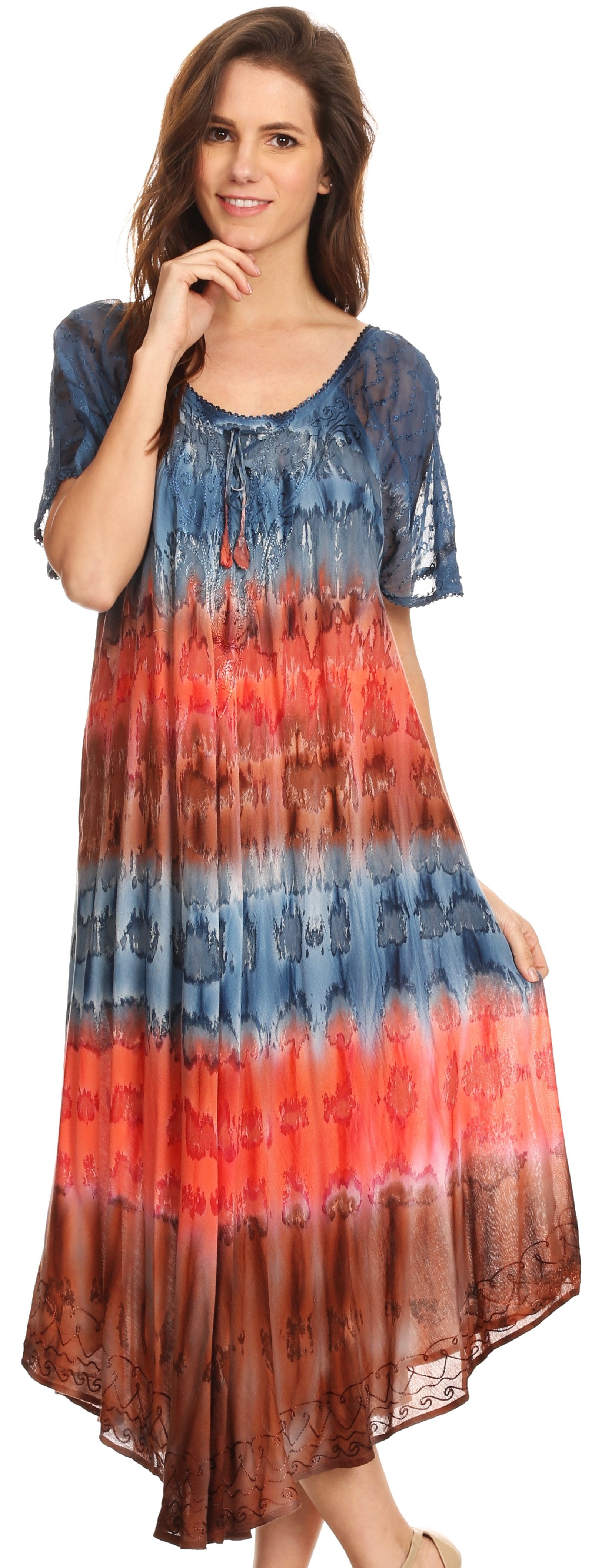 Sakkas - Sula Long Laced Tie-Dye Wide Neck Embroidered Boho Sundress Cover Up