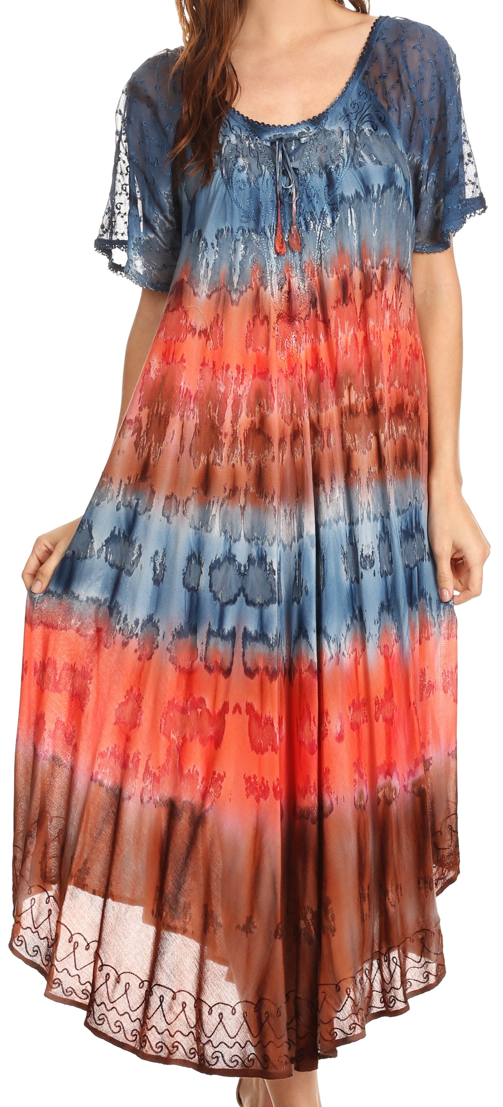 Sakkas - Sula Long Laced Tie-Dye Wide Neck Embroidered Boho Sundress Cover Up