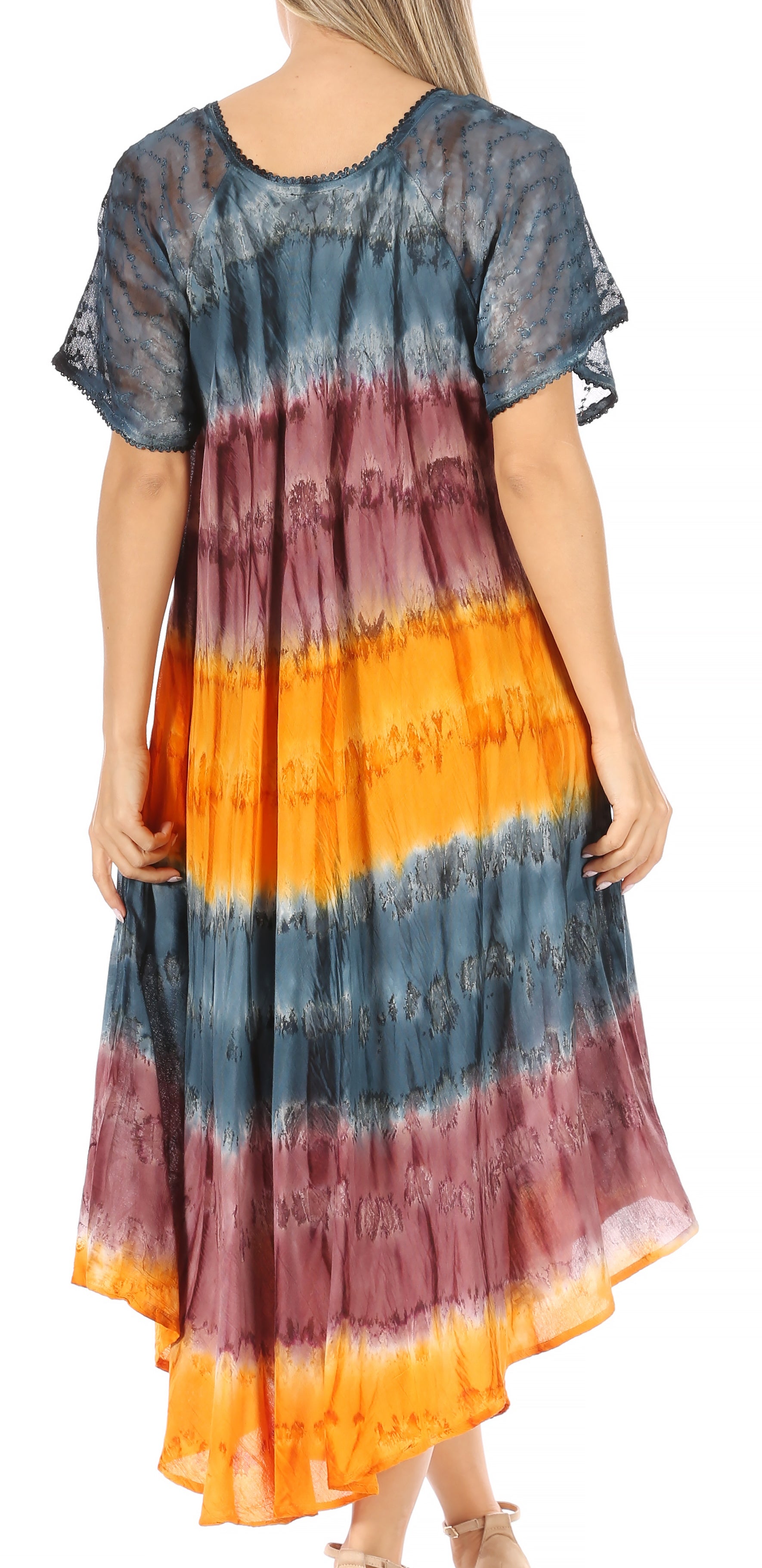 Sakkas - Sula Long Laced Tie-Dye Wide Neck Embroidered Boho Sundress Cover Up