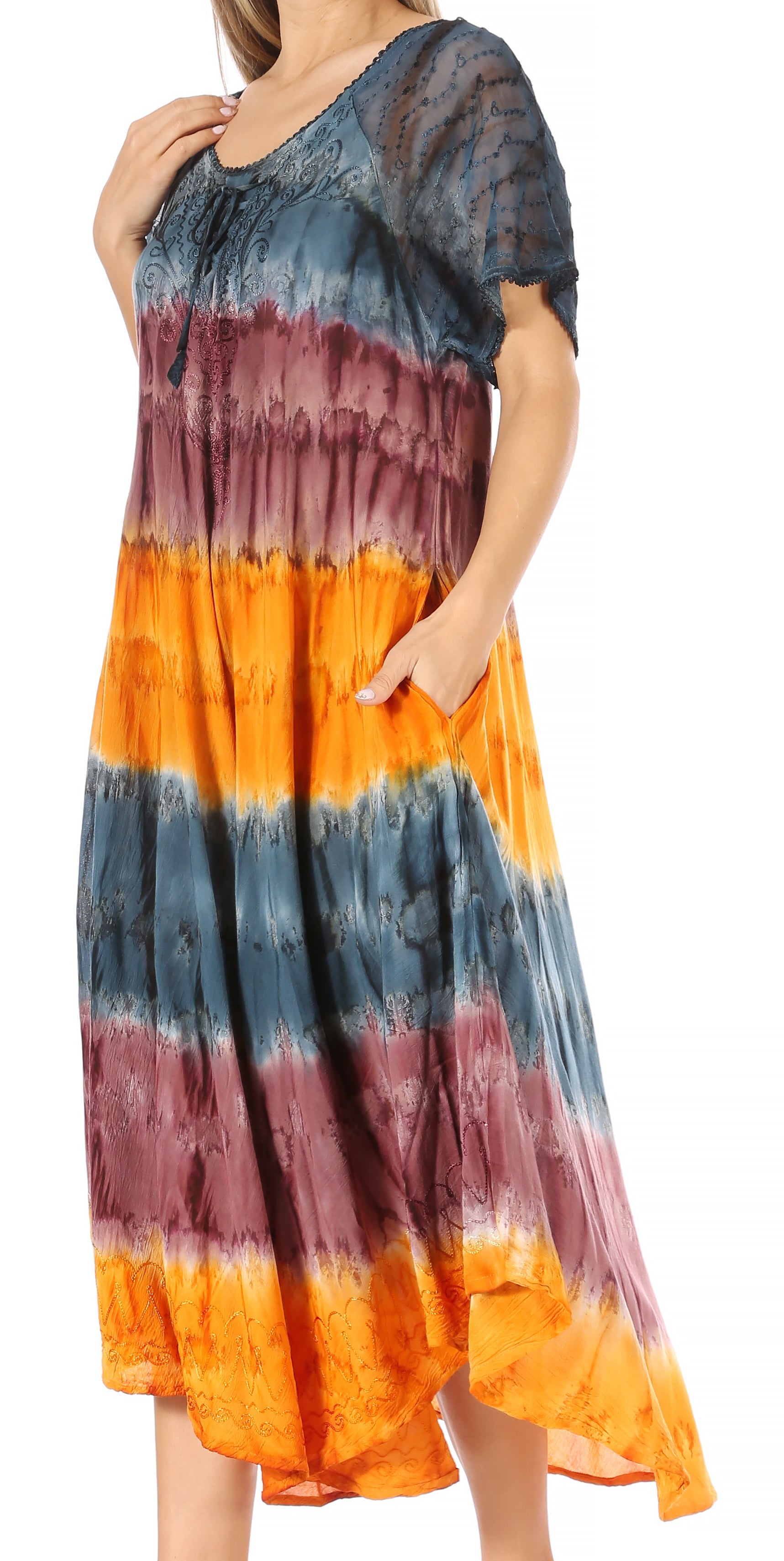 Sakkas - Sula Long Laced Tie-Dye Wide Neck Embroidered Boho Sundress Cover Up