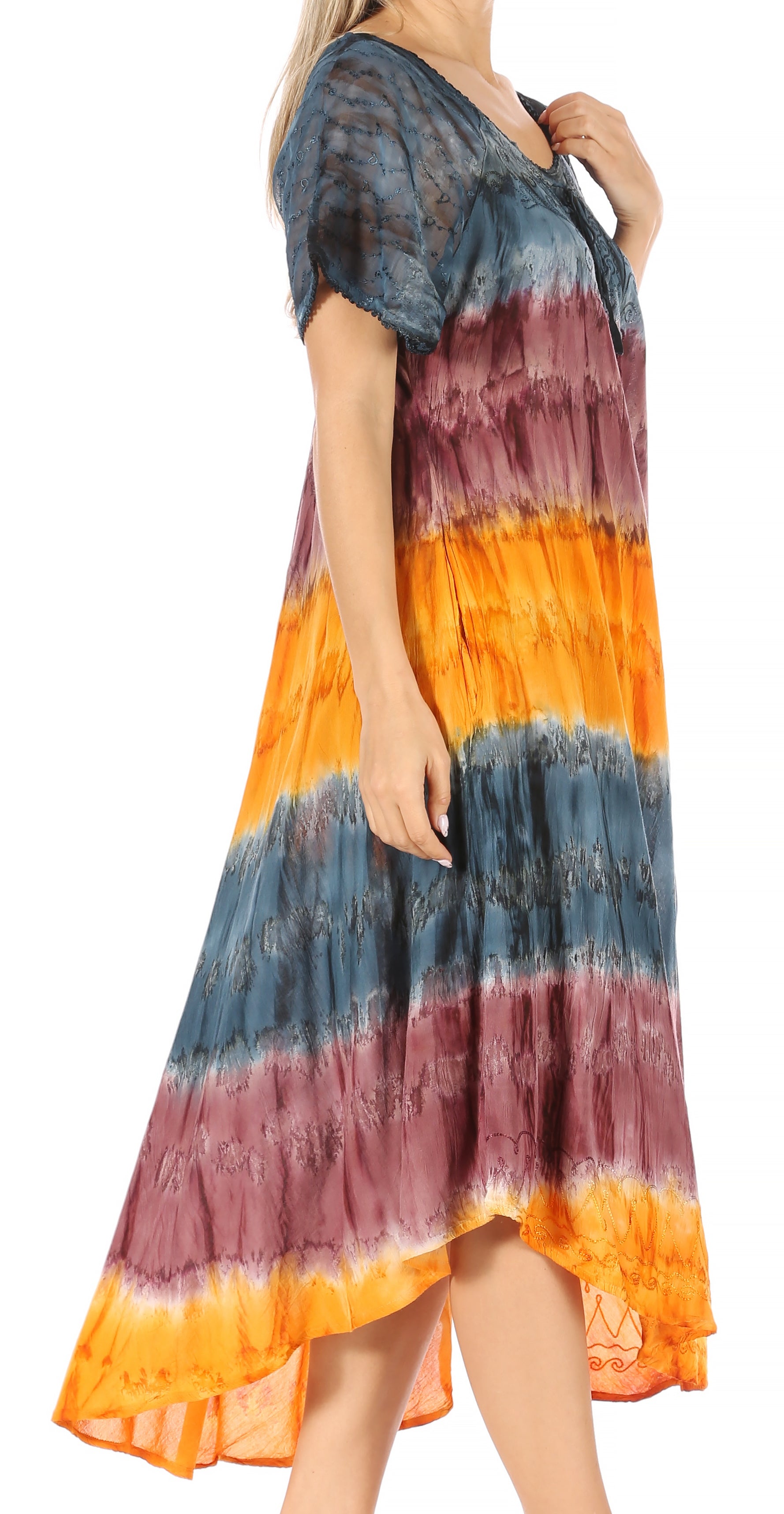 Sakkas - Sula Long Laced Tie-Dye Wide Neck Embroidered Boho Sundress Cover Up