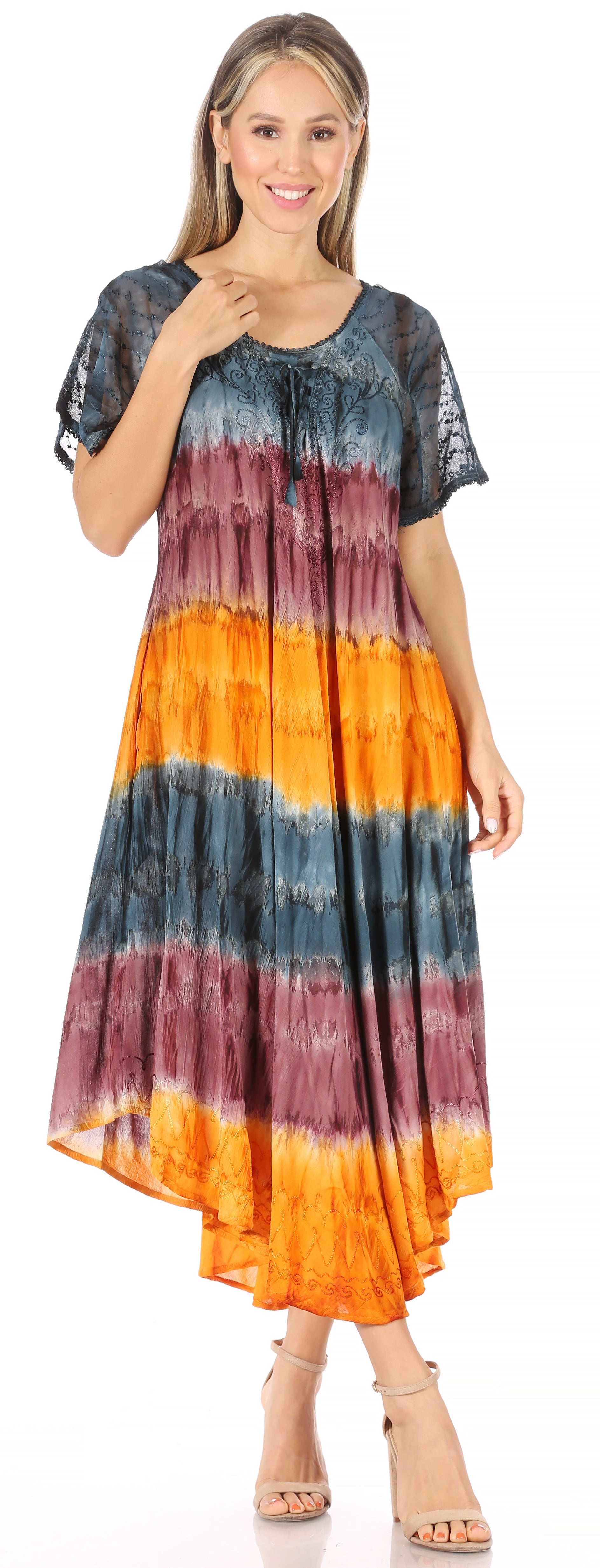 Sakkas - Sula Long Laced Tie-Dye Wide Neck Embroidered Boho Sundress Cover Up