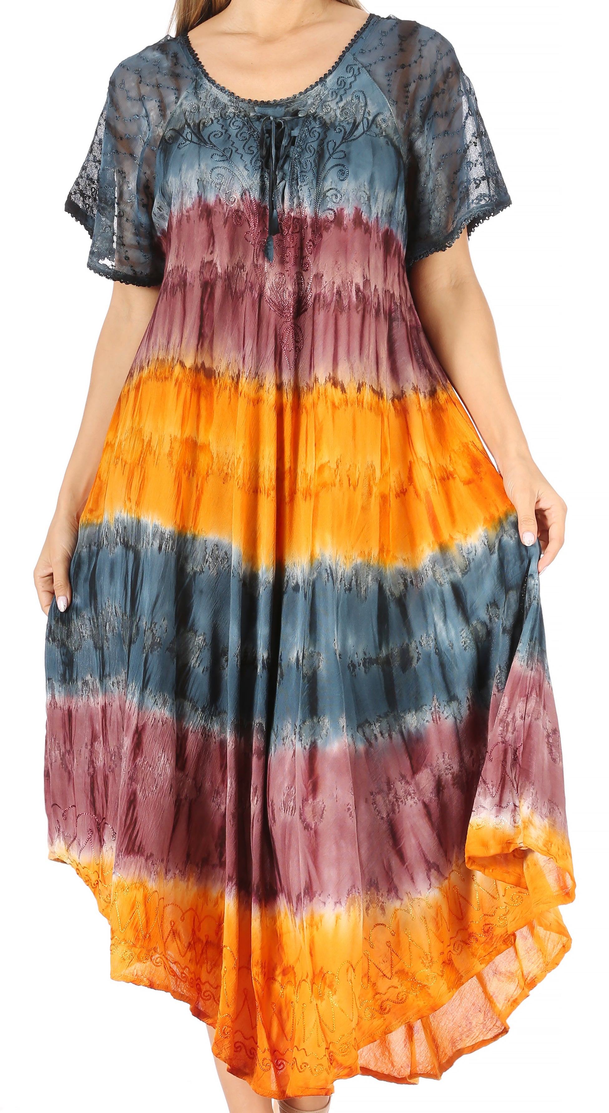 Sakkas - Sula Long Laced Tie-Dye Wide Neck Embroidered Boho Sundress Cover Up