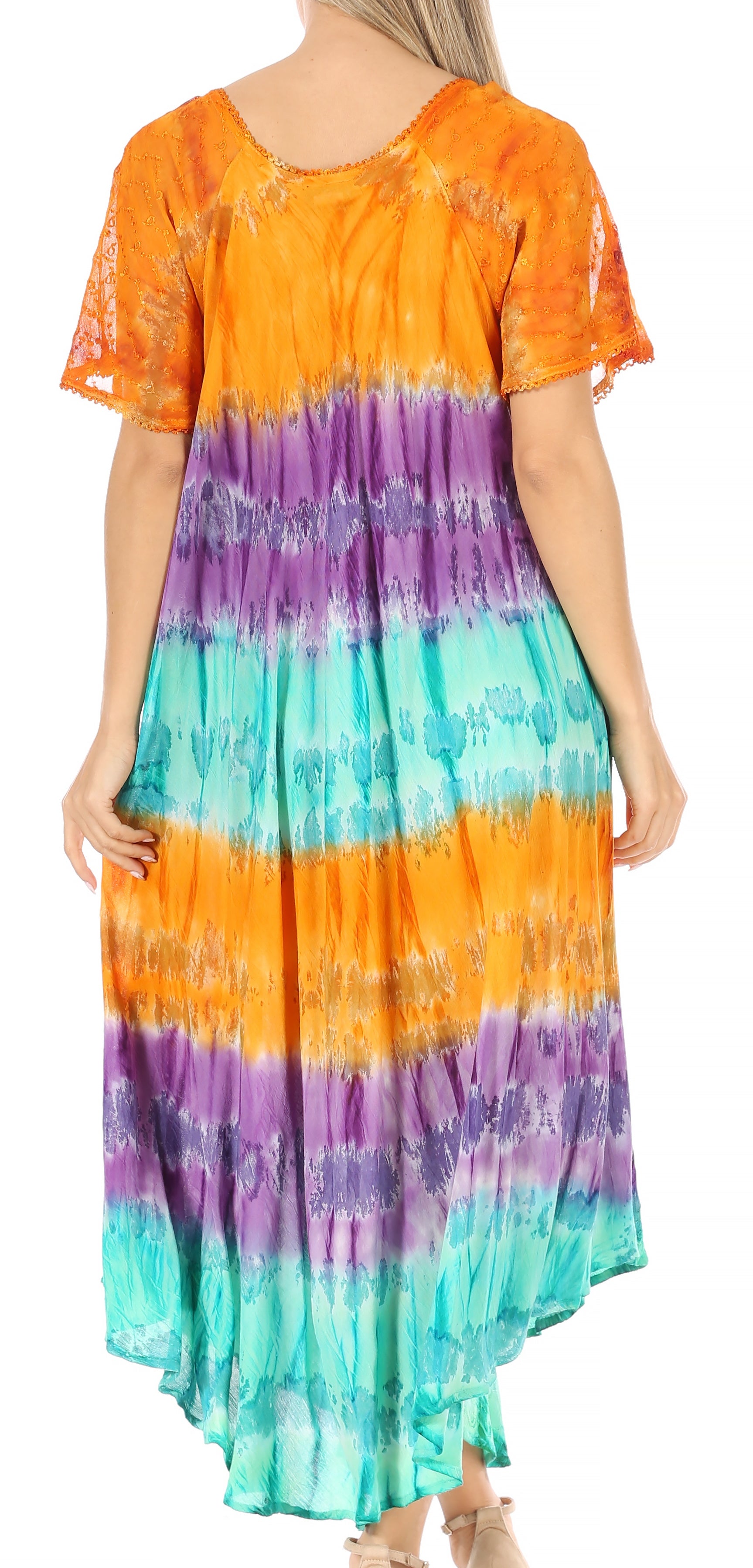 Sakkas - Sula Long Laced Tie-Dye Wide Neck Embroidered Boho Sundress Cover Up