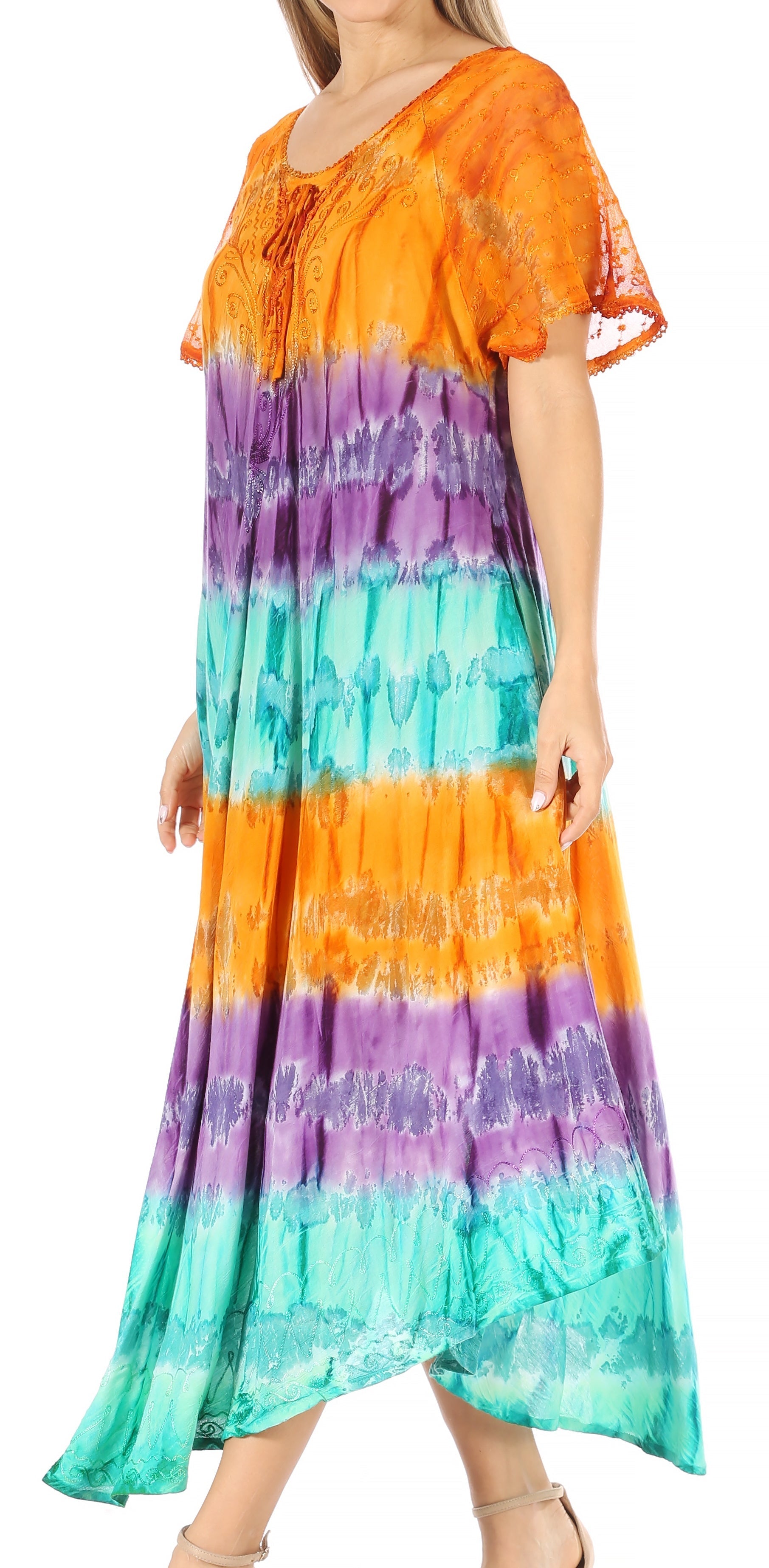 Sakkas - Sula Long Laced Tie-Dye Wide Neck Embroidered Boho Sundress Cover Up