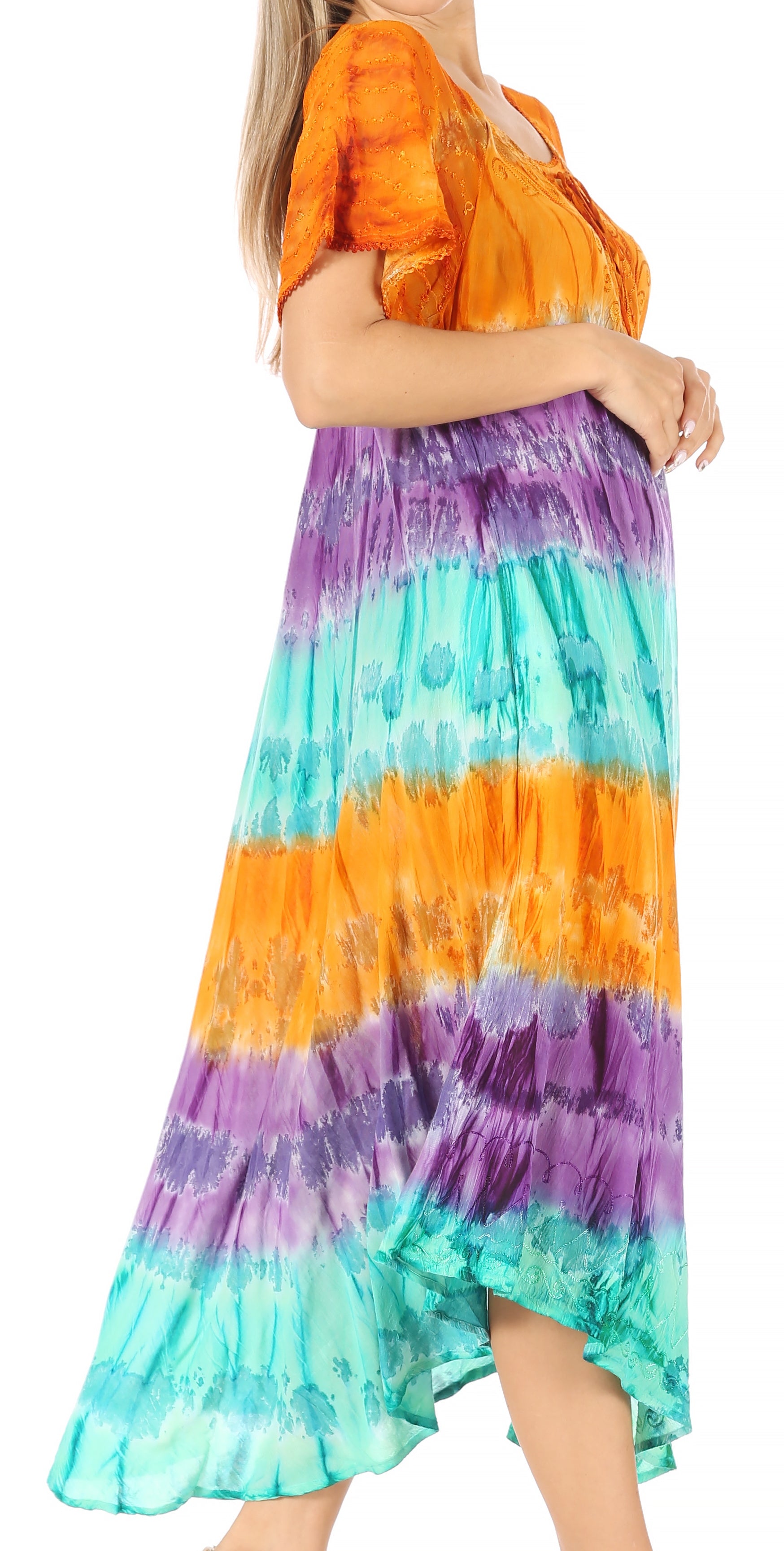 Sakkas - Sula Long Laced Tie-Dye Wide Neck Embroidered Boho Sundress Cover Up