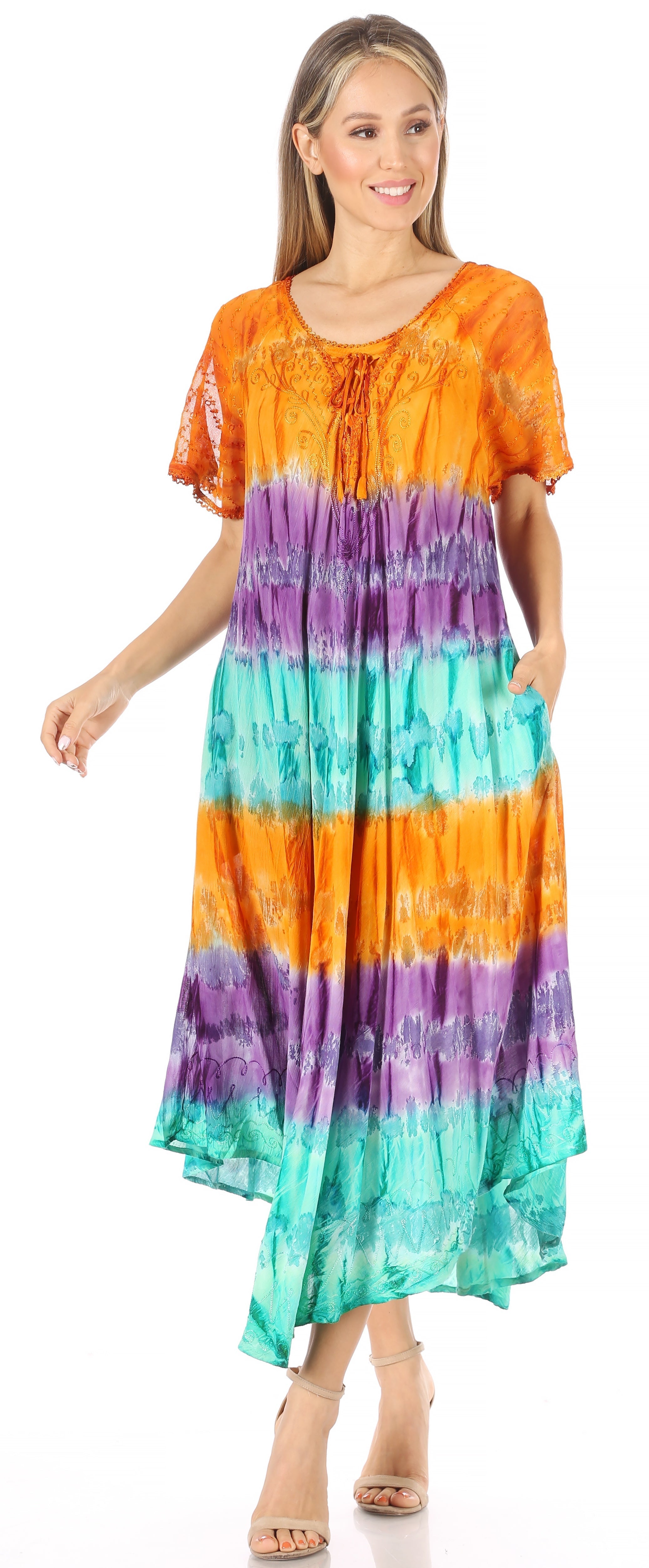Sakkas - Sula Long Laced Tie-Dye Wide Neck Embroidered Boho Sundress Cover Up