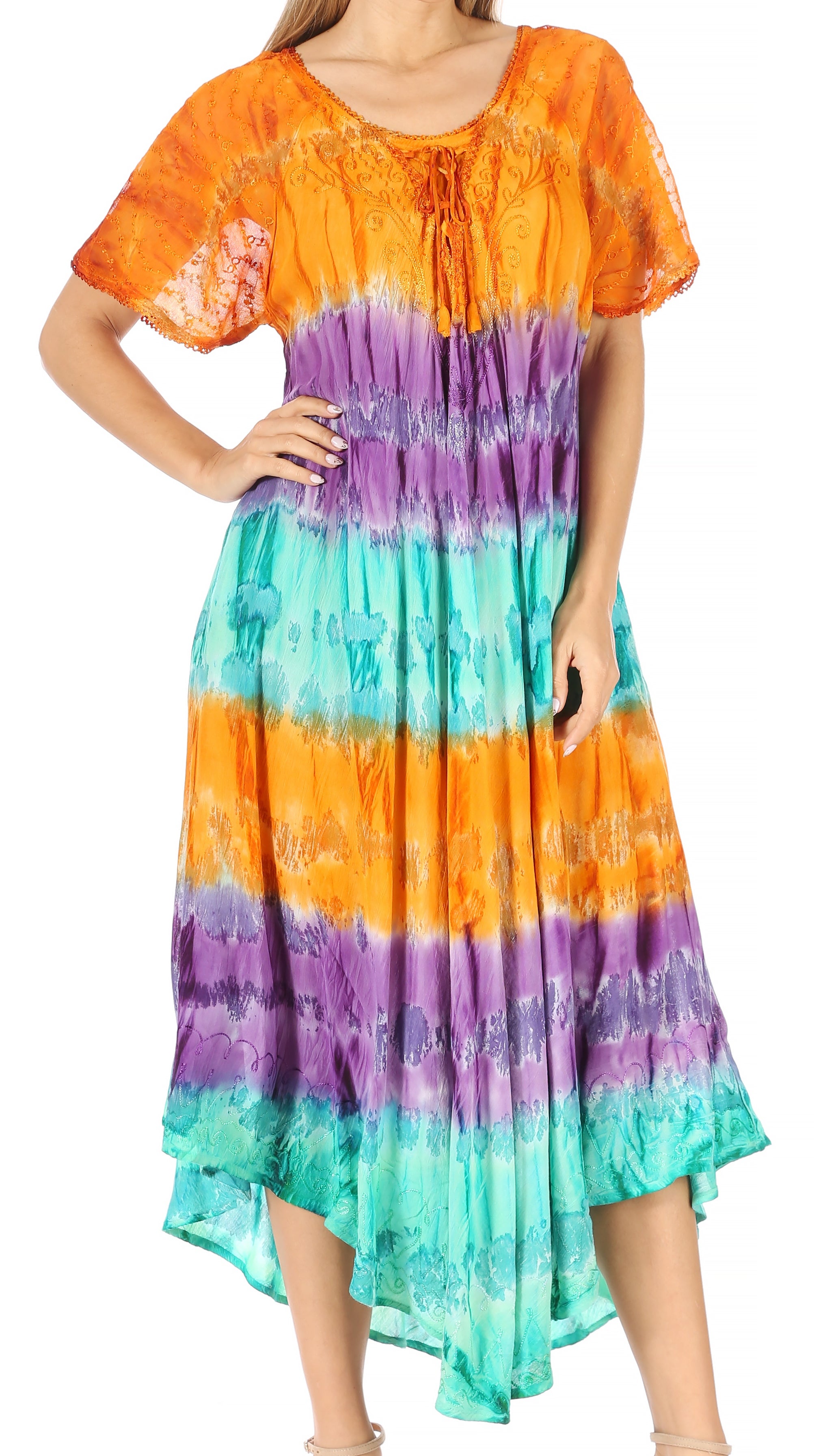 Sakkas - Sula Long Laced Tie-Dye Wide Neck Embroidered Boho Sundress Cover Up