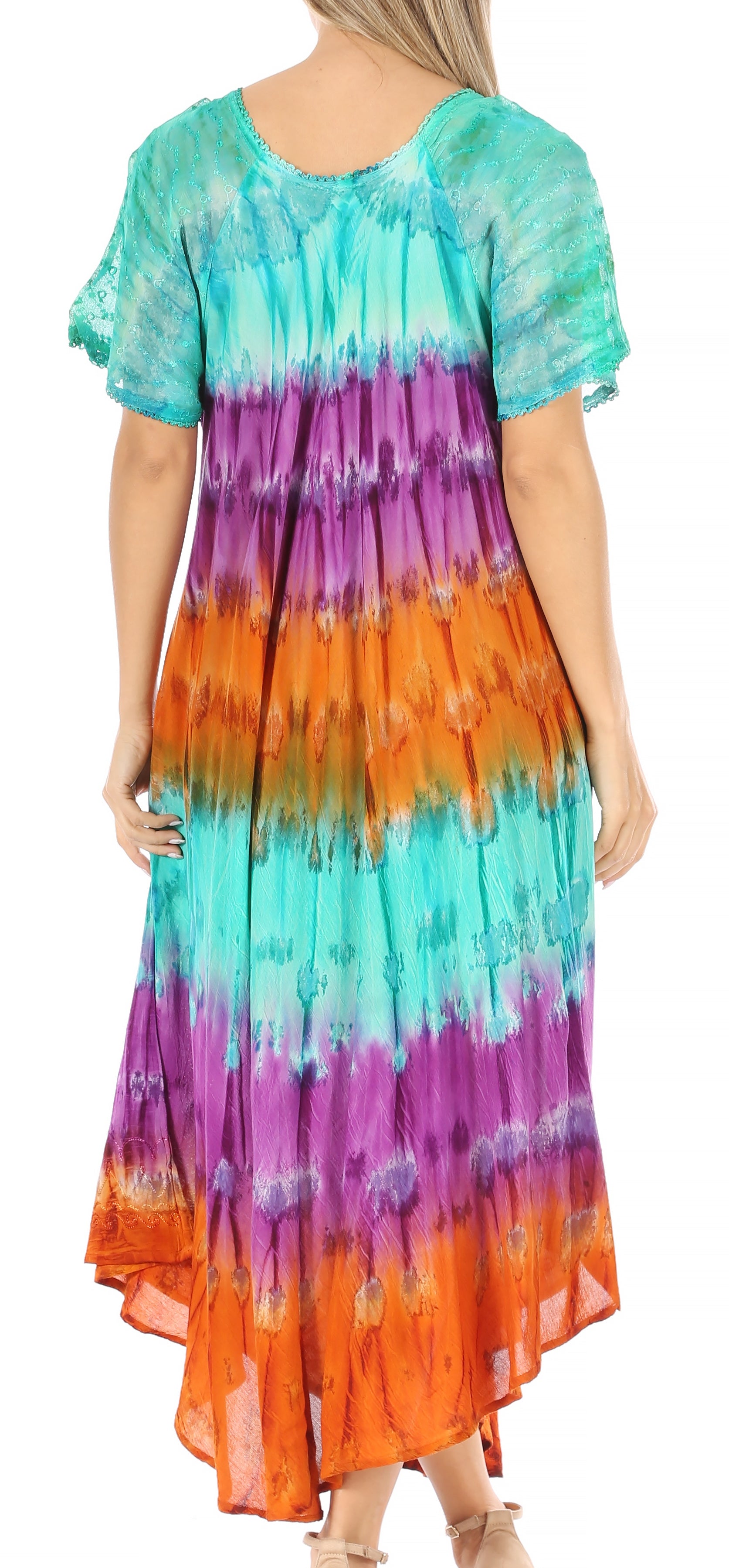 Sakkas - Sula Long Laced Tie-Dye Wide Neck Embroidered Boho Sundress Cover Up