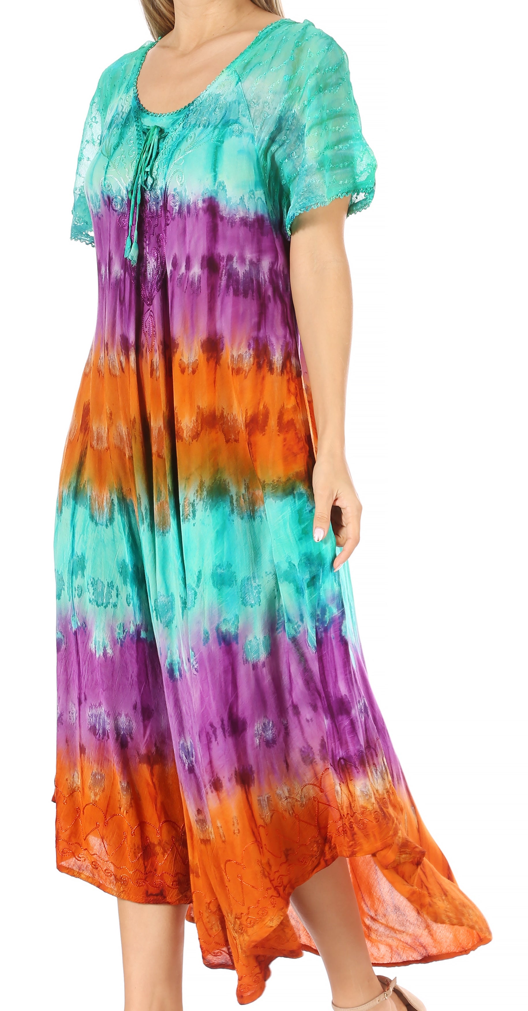Sakkas - Sula Long Laced Tie-Dye Wide Neck Embroidered Boho Sundress Cover Up