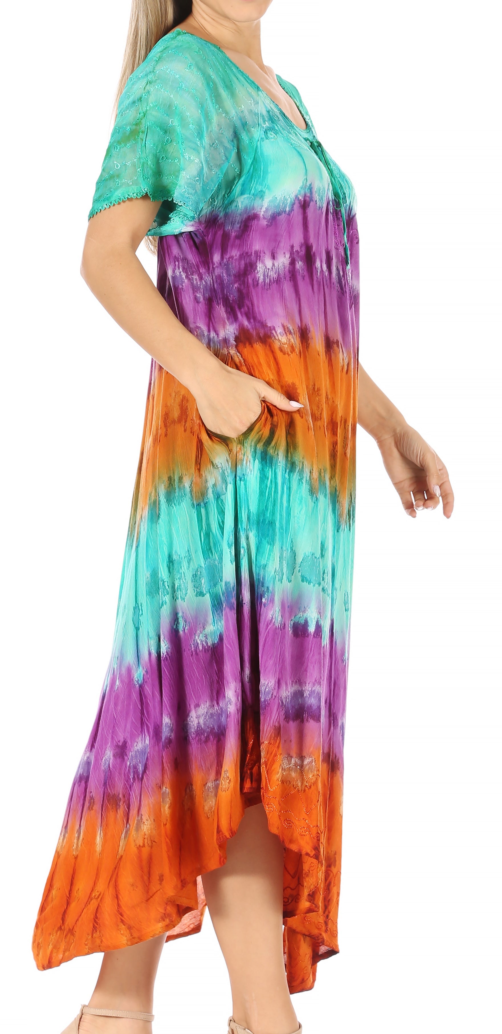 Sakkas - Sula Long Laced Tie-Dye Wide Neck Embroidered Boho Sundress Cover Up