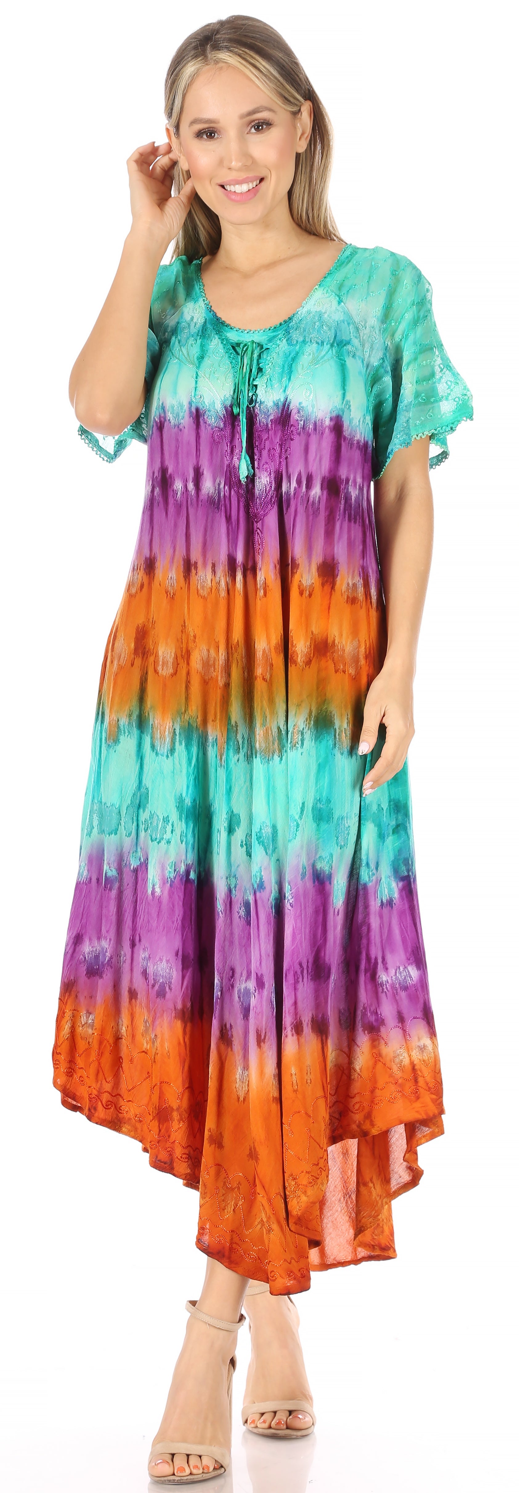 Sakkas - Sula Long Laced Tie-Dye Wide Neck Embroidered Boho Sundress Cover Up