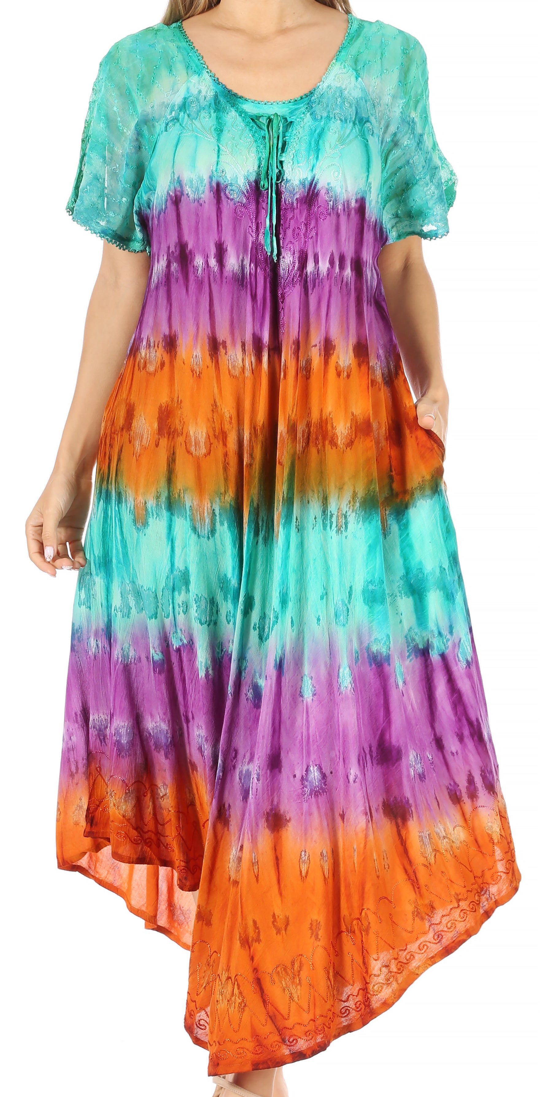 Sakkas - Sula Long Laced Tie-Dye Wide Neck Embroidered Boho Sundress Cover Up