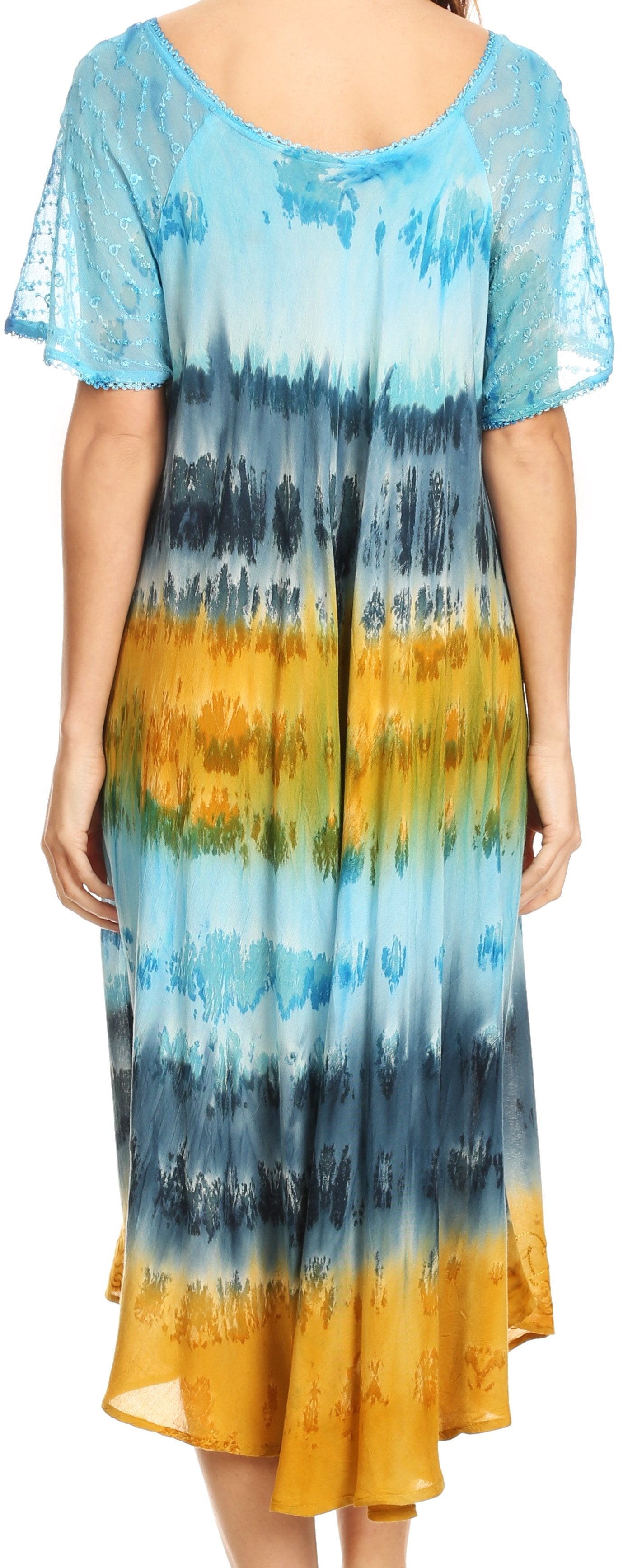 Sakkas - Sula Long Laced Tie-Dye Wide Neck Embroidered Boho Sundress Cover Up