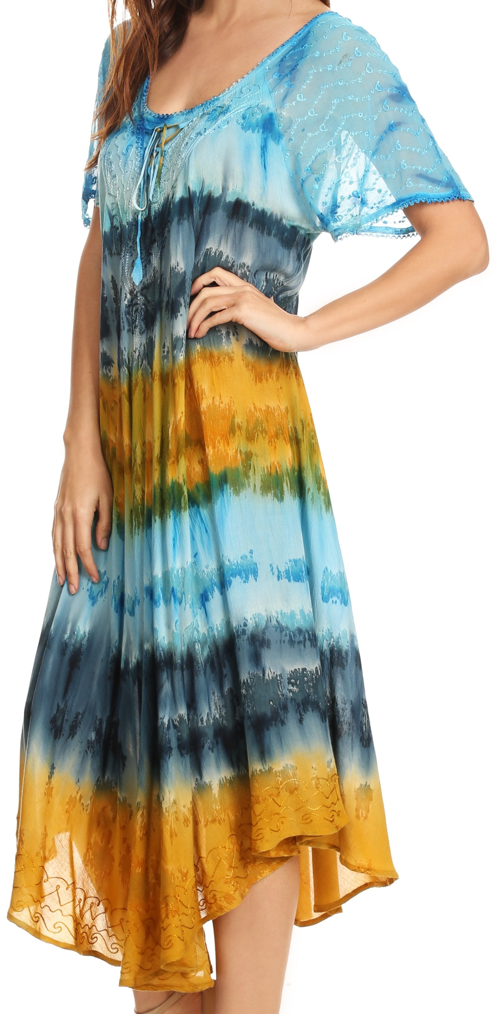 Sakkas - Sula Long Laced Tie-Dye Wide Neck Embroidered Boho Sundress Cover Up