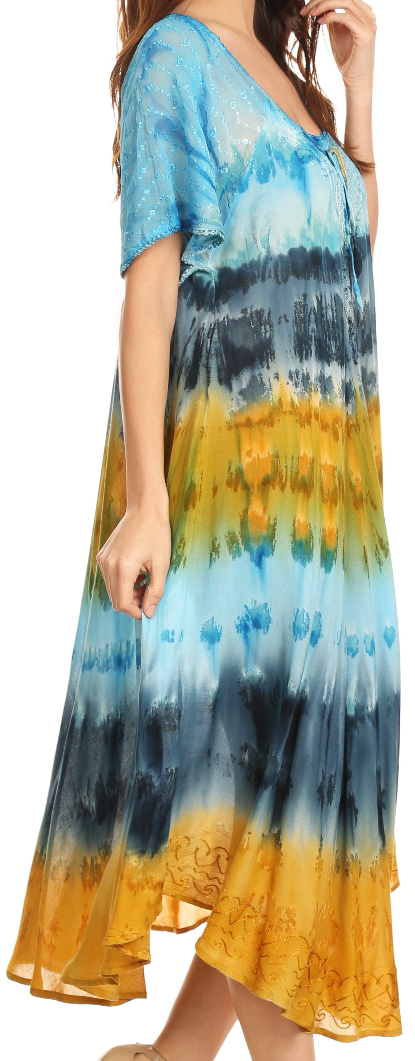 Sakkas - Sula Long Laced Tie-Dye Wide Neck Embroidered Boho Sundress Cover Up