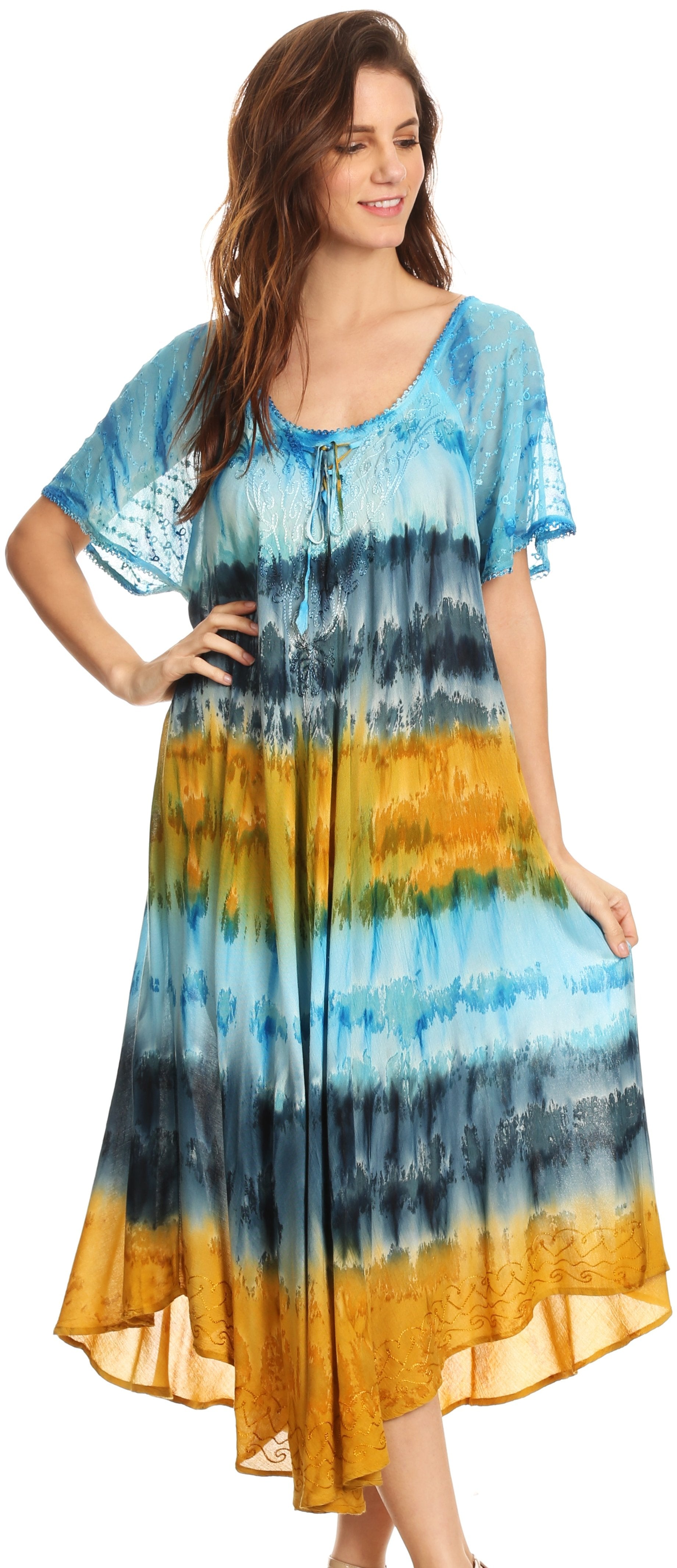 Sakkas - Sula Long Laced Tie-Dye Wide Neck Embroidered Boho Sundress Cover Up