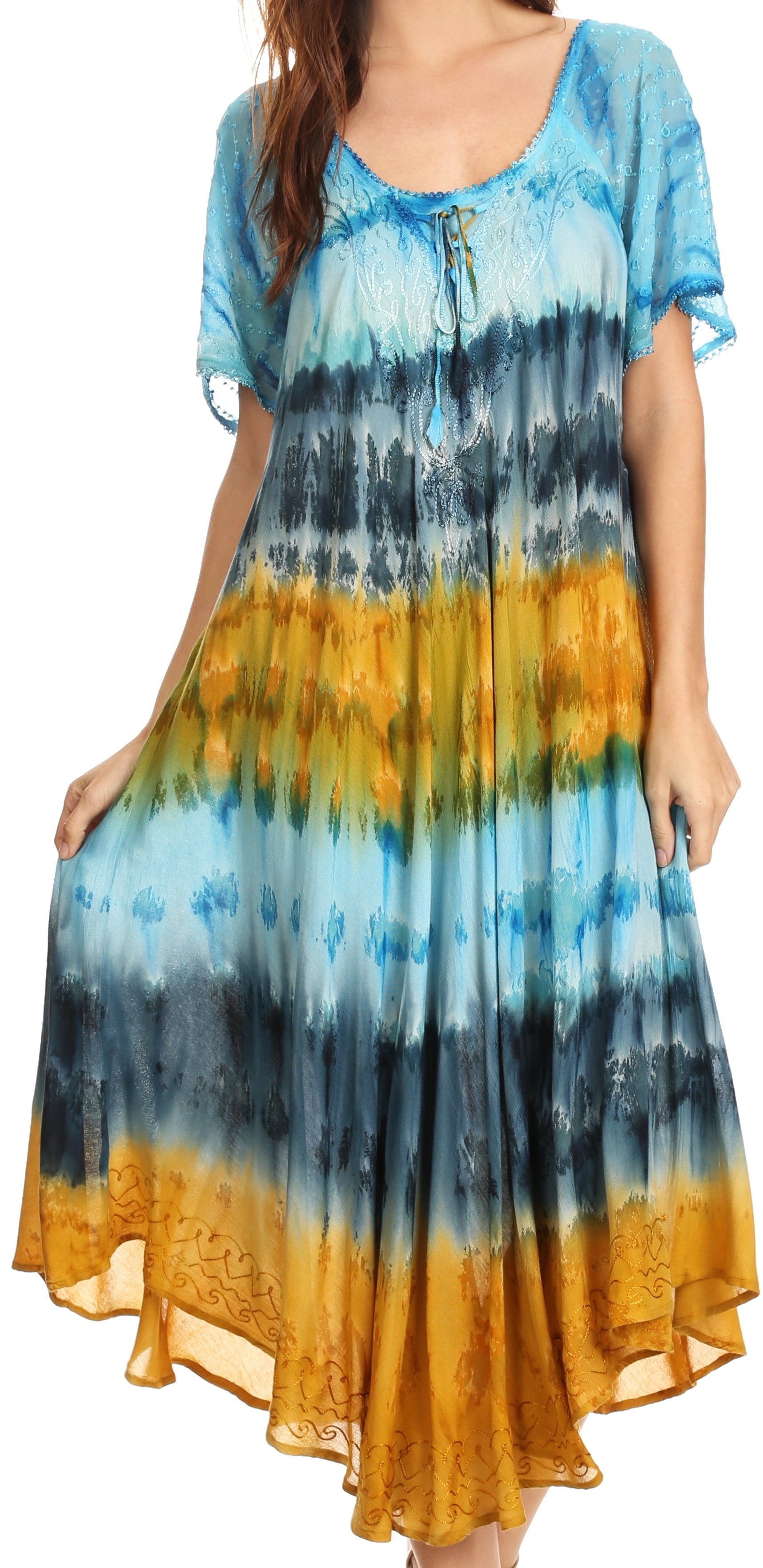 Sakkas - Sula Long Laced Tie-Dye Wide Neck Embroidered Boho Sundress Cover Up