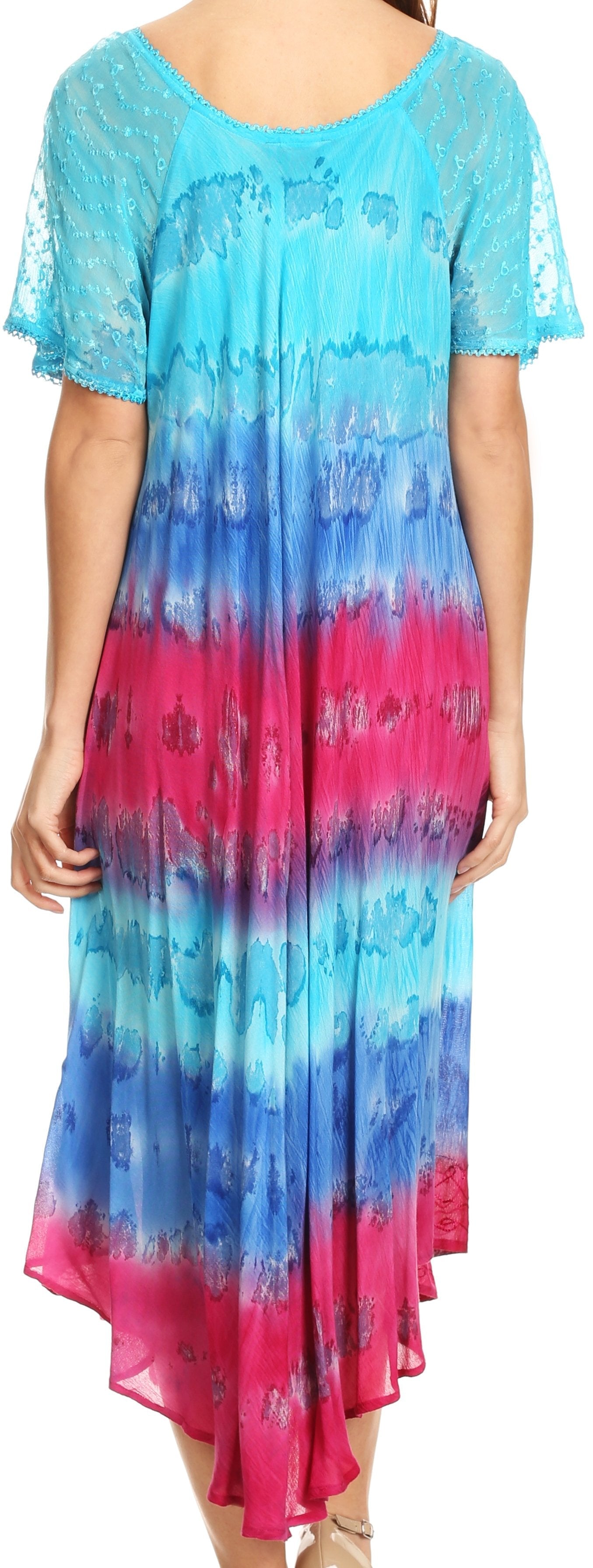 Sakkas - Sula Long Laced Tie-Dye Wide Neck Embroidered Boho Sundress Cover Up