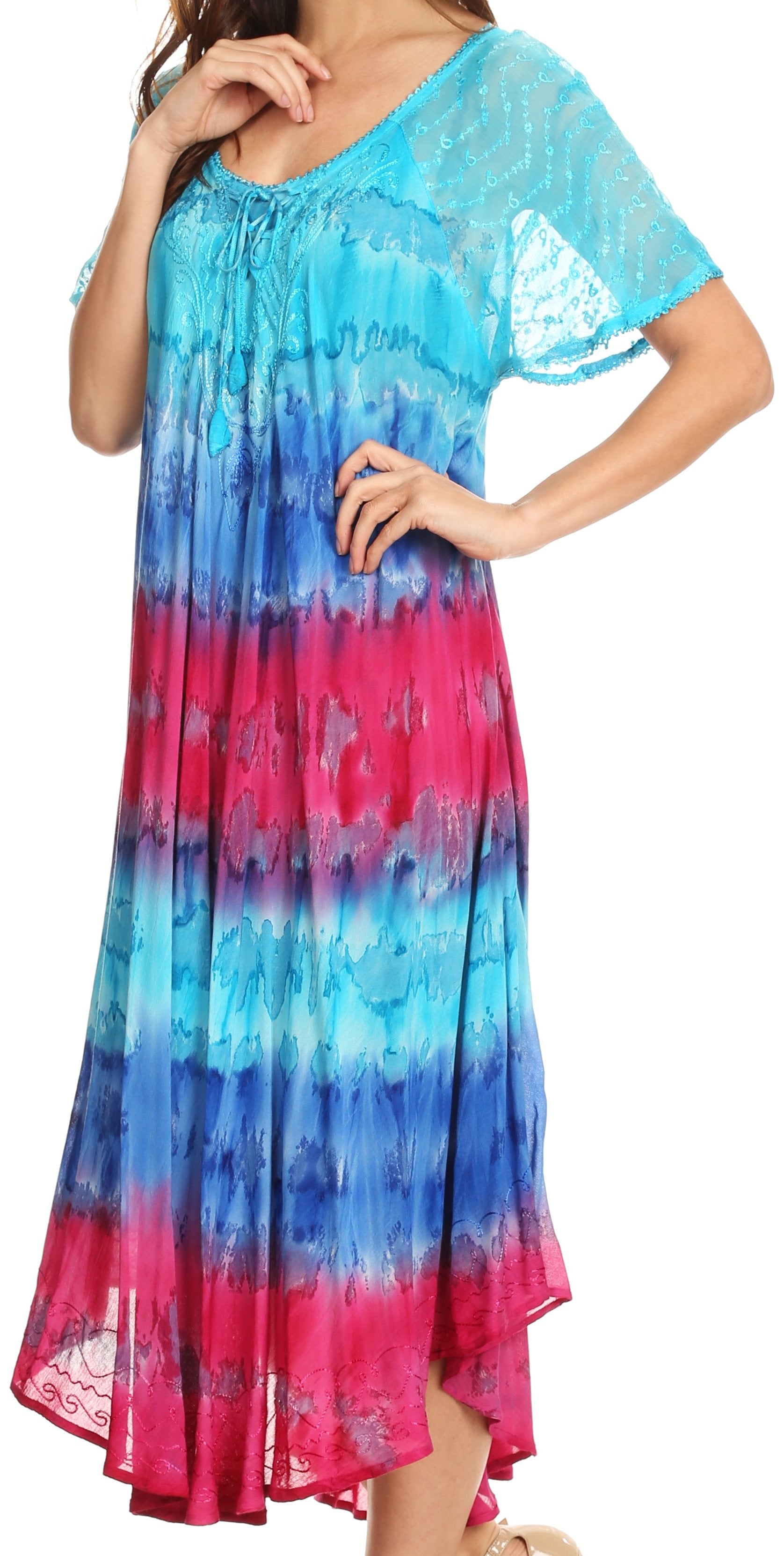 Sakkas - Sula Long Laced Tie-Dye Wide Neck Embroidered Boho Sundress Cover Up