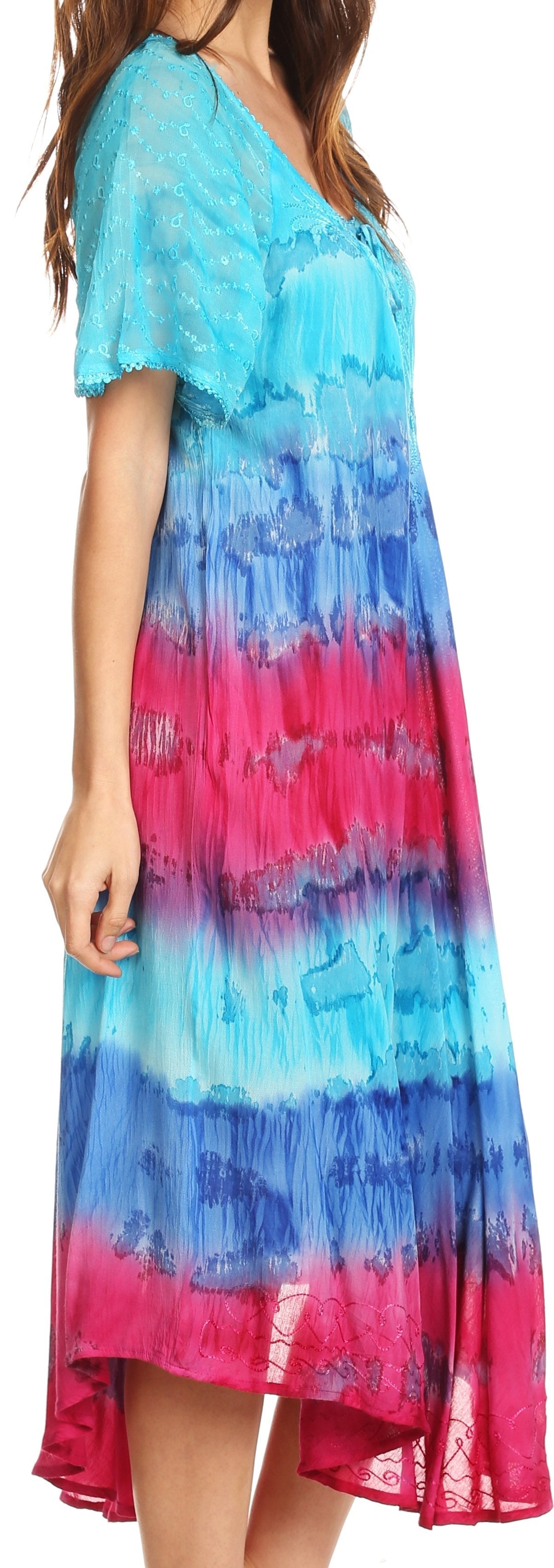 Sakkas - Sula Long Laced Tie-Dye Wide Neck Embroidered Boho Sundress Cover Up